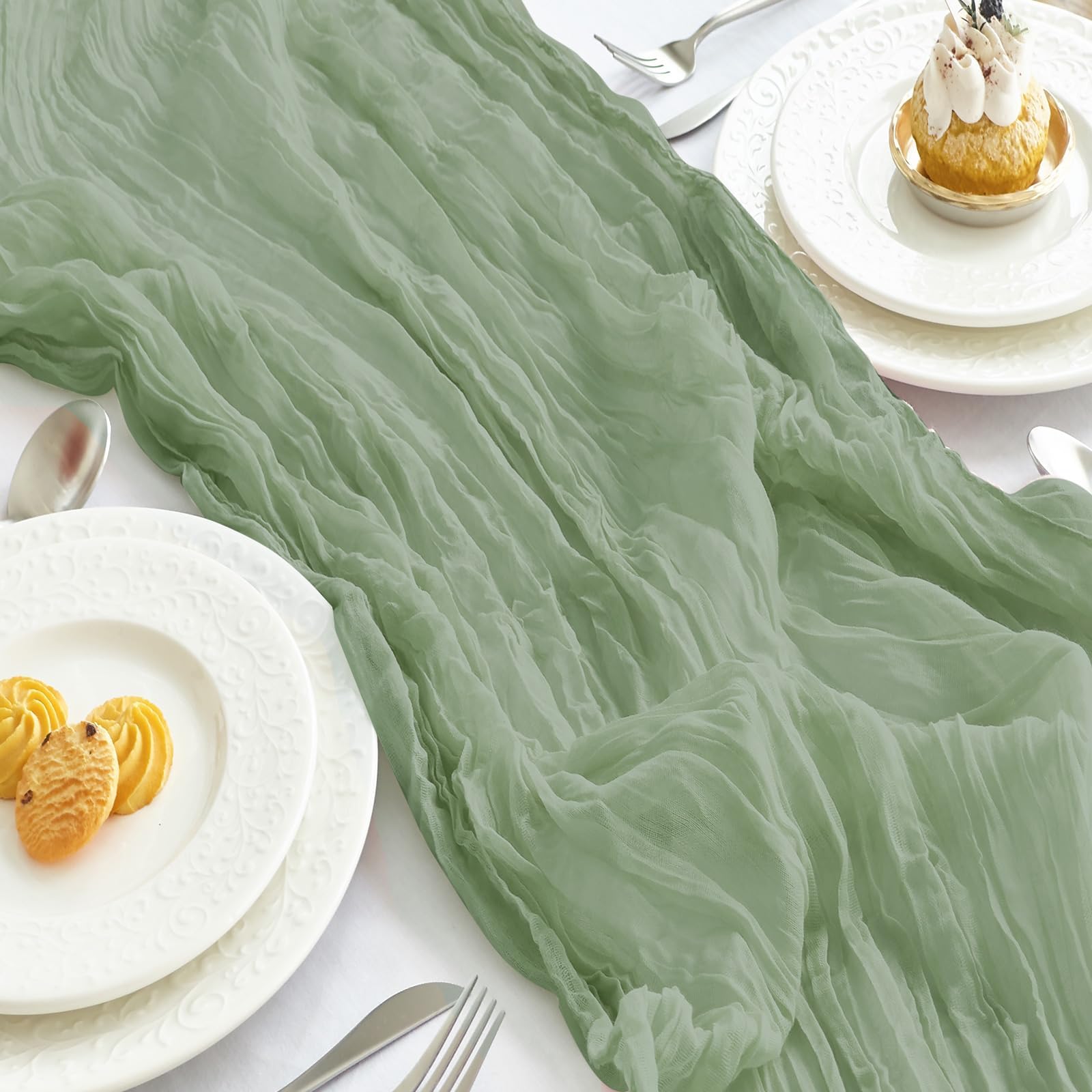 IVAPUPU 2 Pcs Cheesecloth Table Runner - 10ft Sage Green Boho Gauze Cheese Cloth Table Runners for Baby Shower Decoration Weddin
