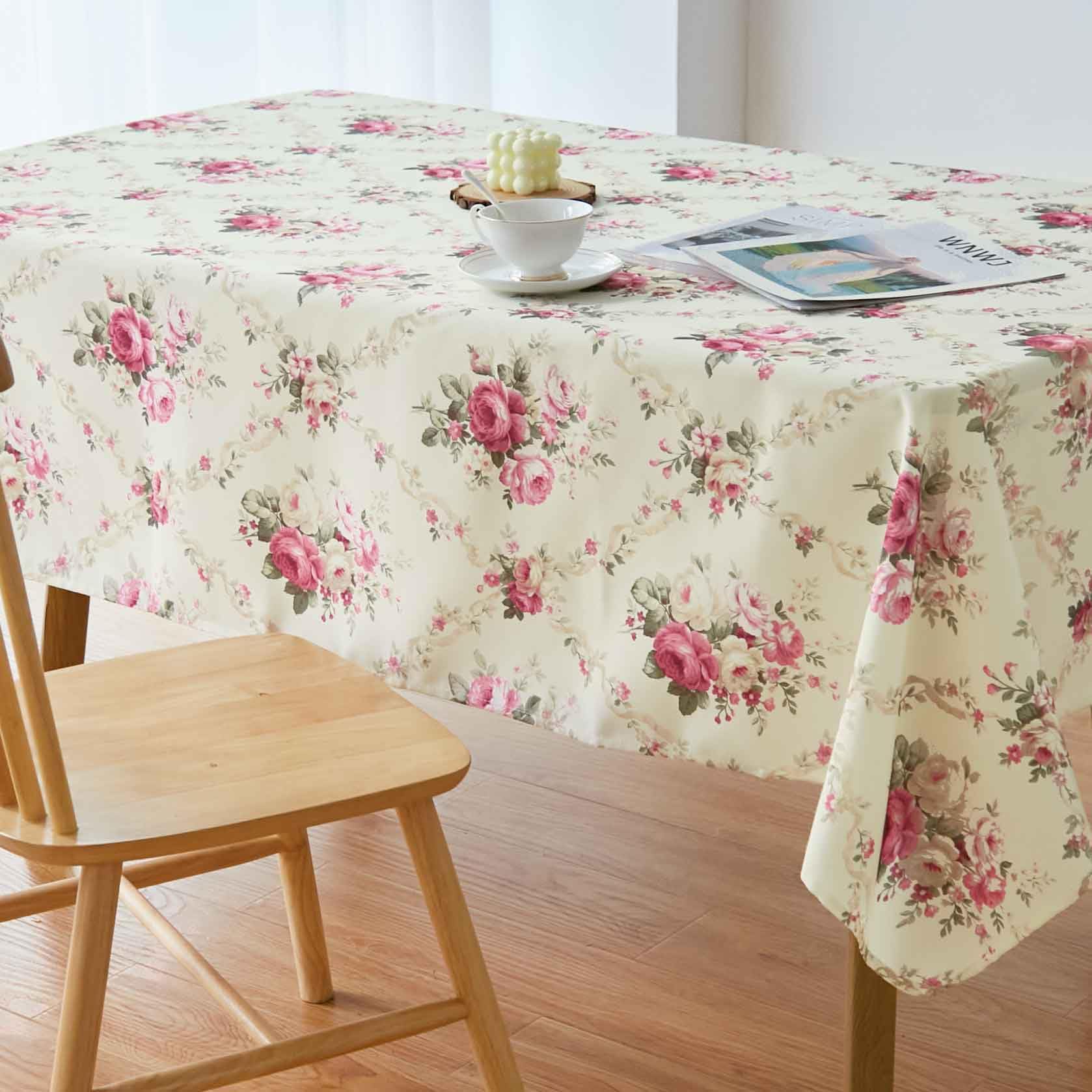 Vintage Floral Rectangle Tablecloth Shabby Chic Flower Table Cloth Spring Table Cover Waterproof For Dinner Kitchen Picnic, Pink
