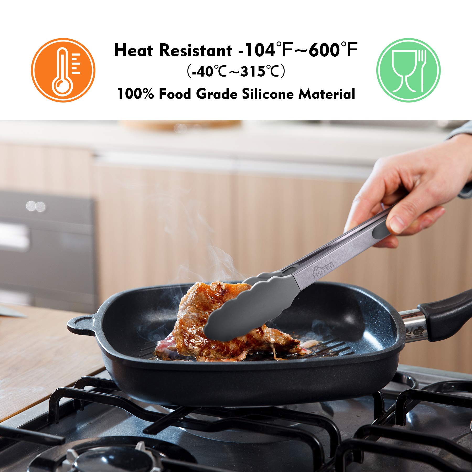 Hotec Premium Stainless Steel Locking Kitchen Tongs With Silicon Tips, Set Of 2-9 '' And 12 '' Light Grey