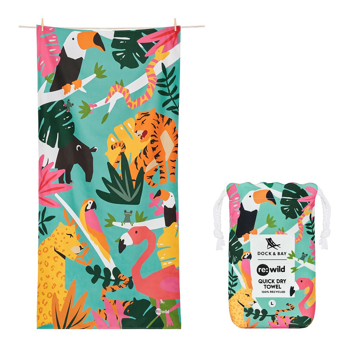 Dock & Bay Beach Towel - Quick Dry, Sand Free - Compact, Lightweight - 100% Recycled - Includes Bag - Wild Things - Extra Large
