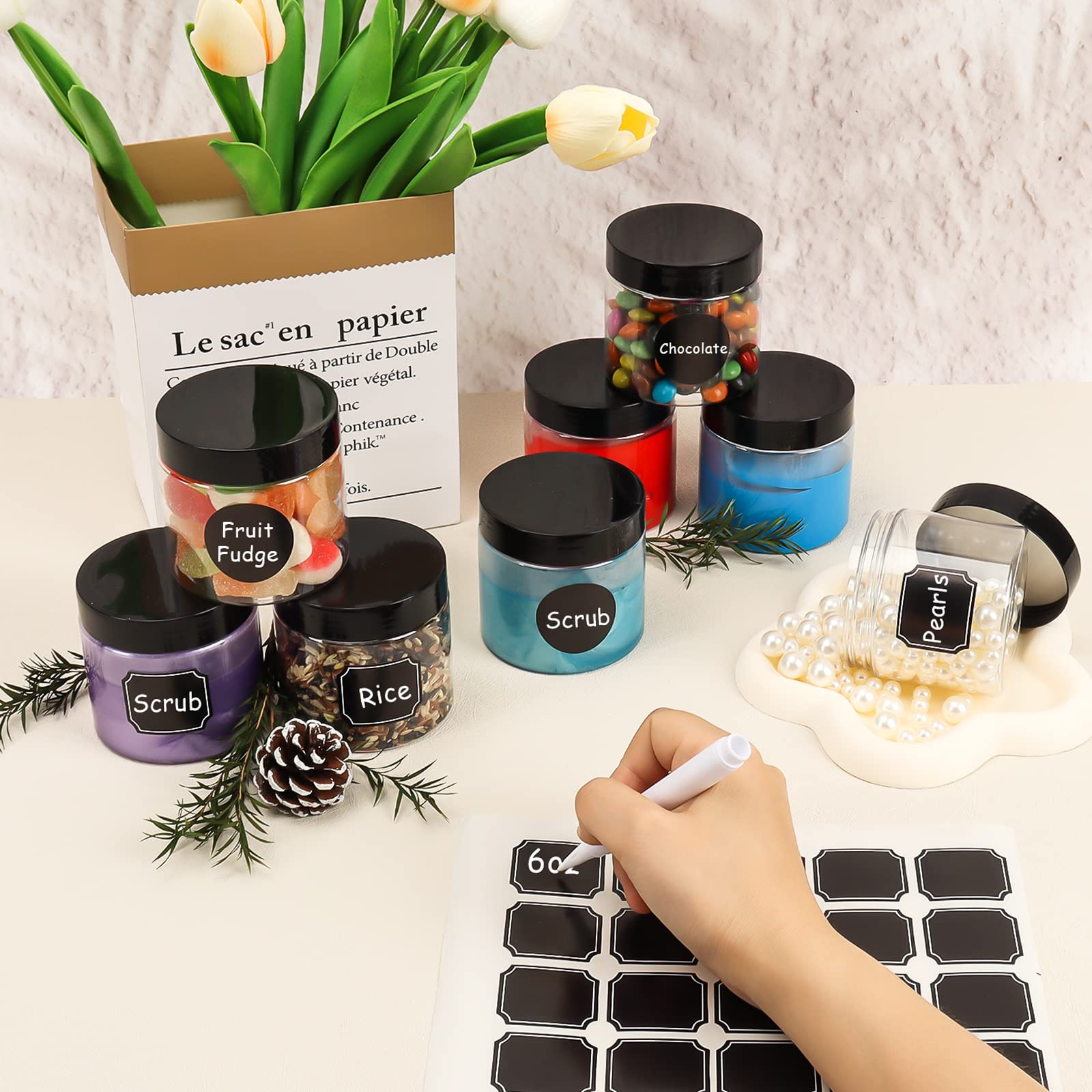 Keketin 40 Pack Plastic Jars With Black Lids 6 Oz,180Ml Round Plastic Containers Clear Cosmetic Jars,Refillable Empty Storage Co