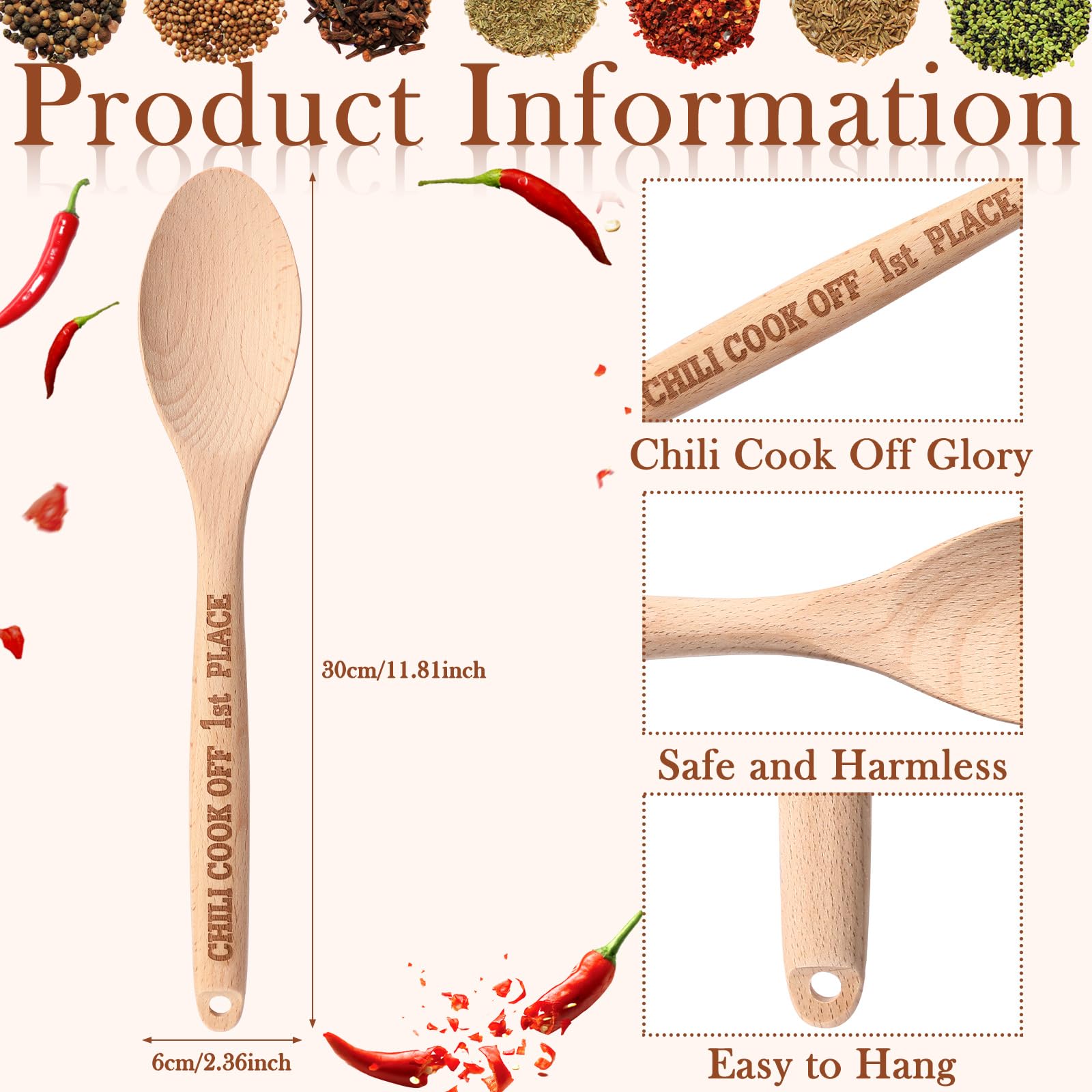 Soaoo Chili Cook Off Trophy Wooden Spoon 3 Pcs Chili Engraved Cooking Spoon Serving Spoon Chili Contest Wood Spoon Prize For 1St