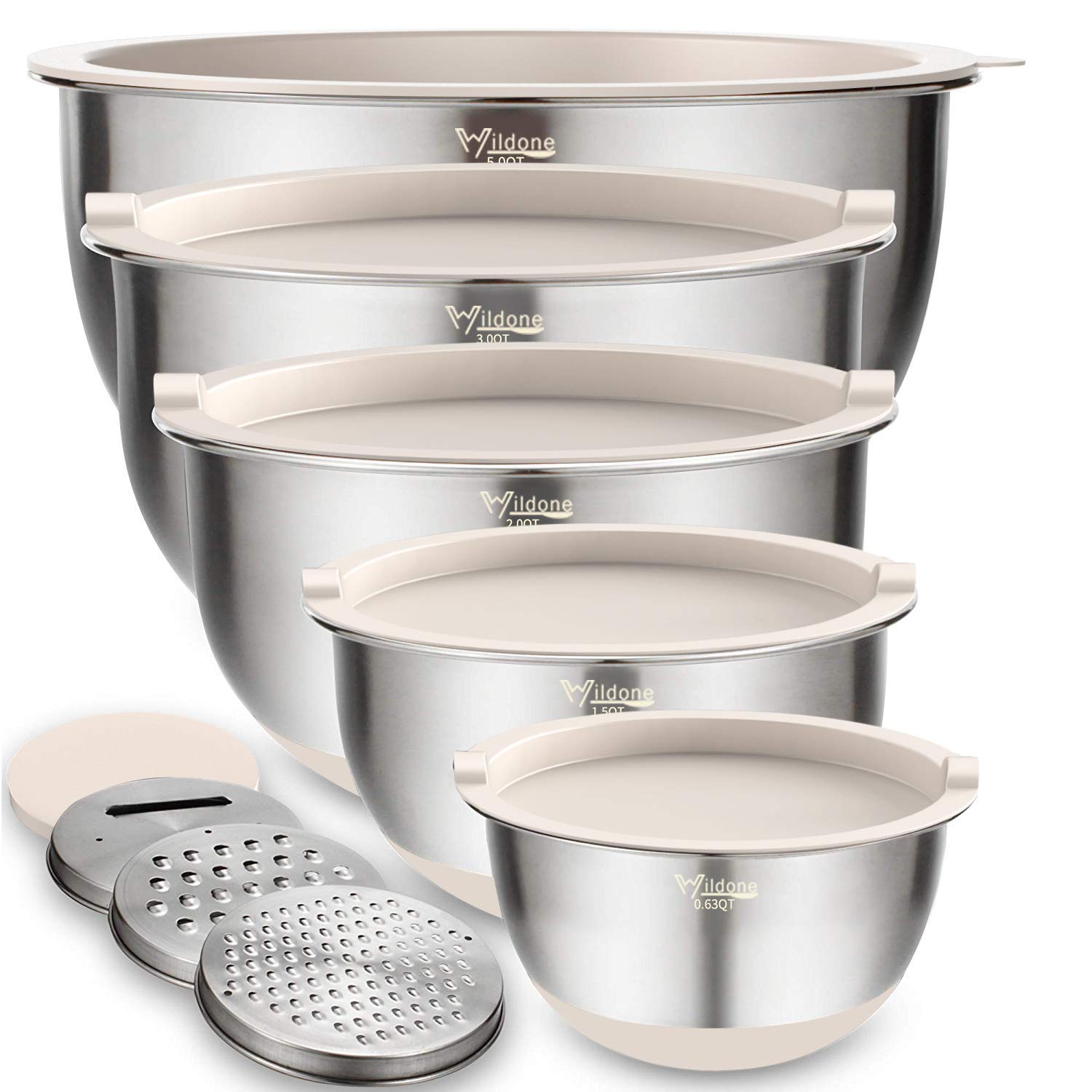 Wildone Mixing Bowls Set Of 5, Stainless Steel Nesting Bowls With Khaki Lids, 3 Grater Attachments, Measurement Marks & Non-Slip