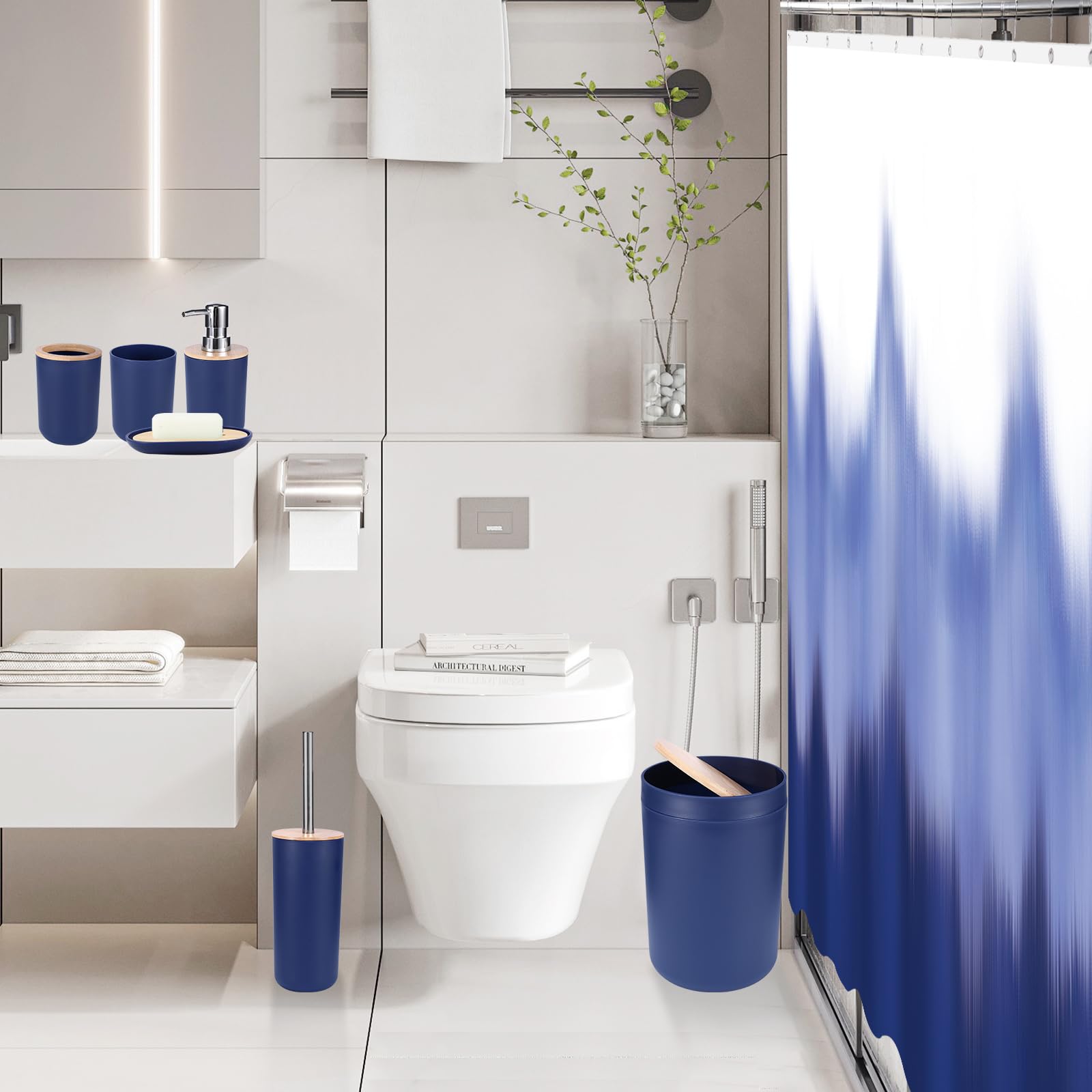 Imucci Bathroom Accessories Navy Blue Bathroom Sets With Shower Curtain And Rug, Navy Blue Ombre Waterproof Shower Curtain With