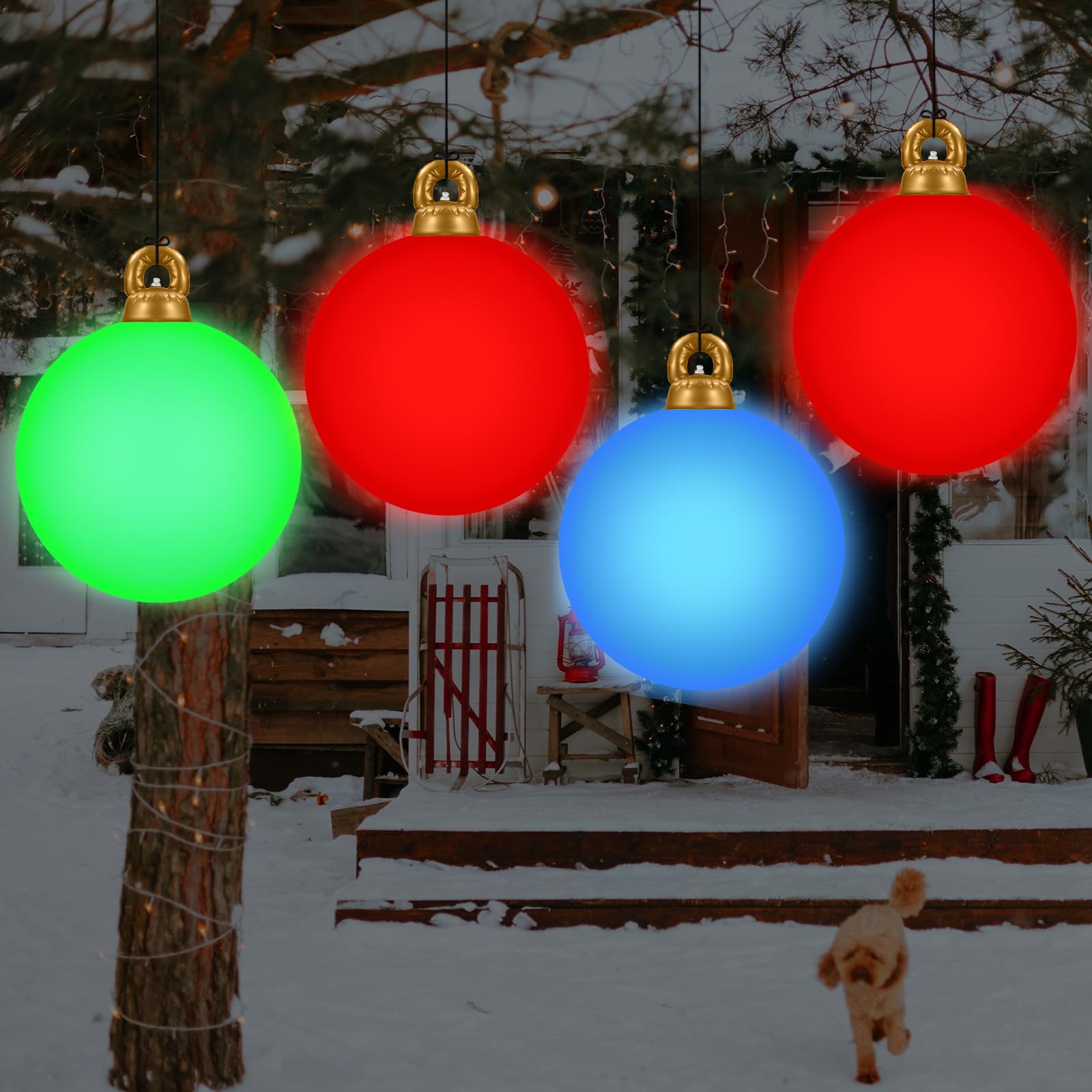 [Light up] Inflatable Ornaments Balls Outdoor 2Pcs: Flashes in Red | Green | Blue and Timer, 24 Inch Giant Christmas Inflatable
