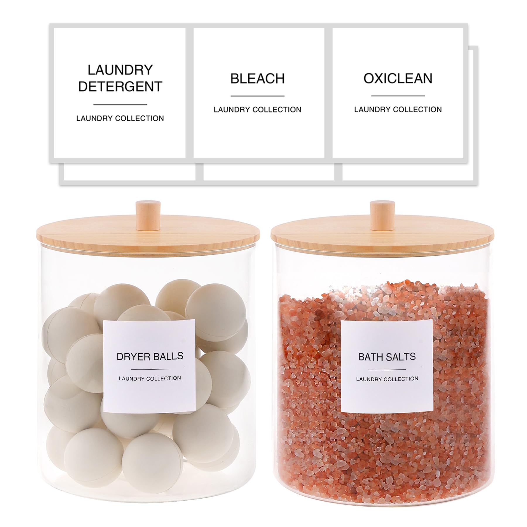 Glass Jars And Acrylic Dryer Sheet Holder, Laundry Pods Container With Bamboo Lid And 27 Labels, Powder Detergent Containers For