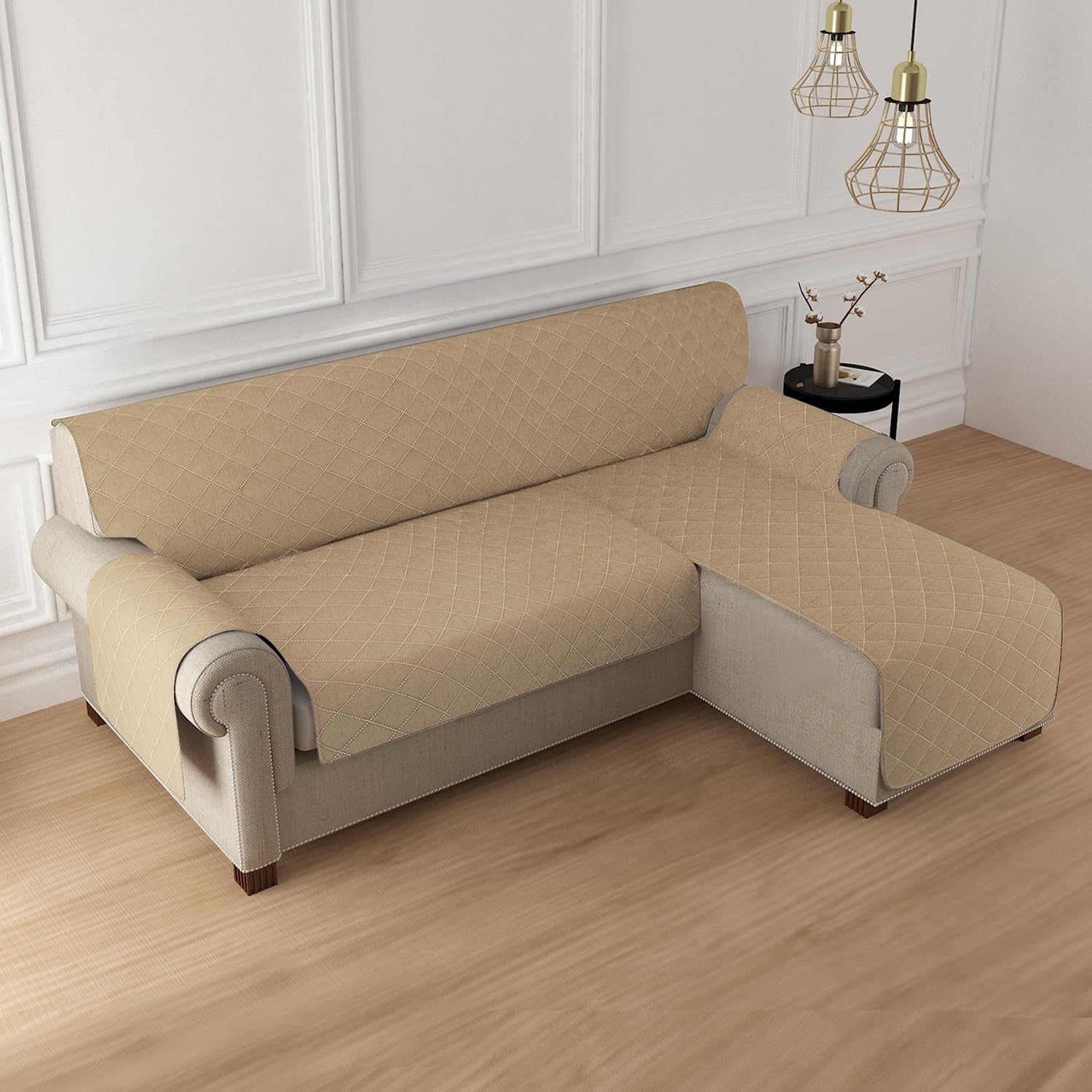 Hokipo Polyester L Shape 4 Seater (2+2 Seater) Reversible Sofa Cover Mat For Sectional Sofa, Camel (Ar-5754-Cml)