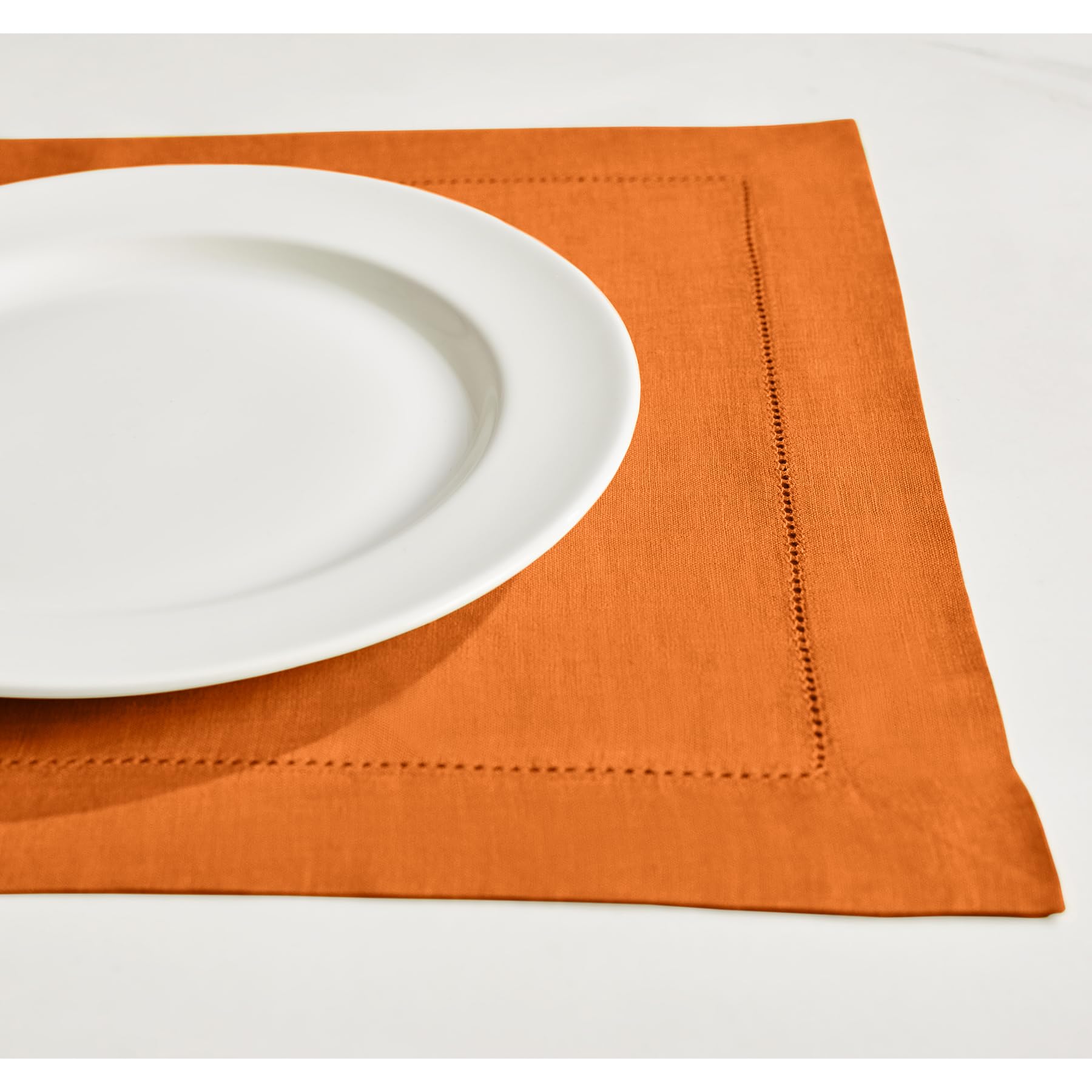 Solino Home Linen Placemats 19'' L X 14'' W Inch - 100% Pure Linen Prewashed Pumpkin Cloth Placemats Set Of 4 - Sonoma Hemstitch