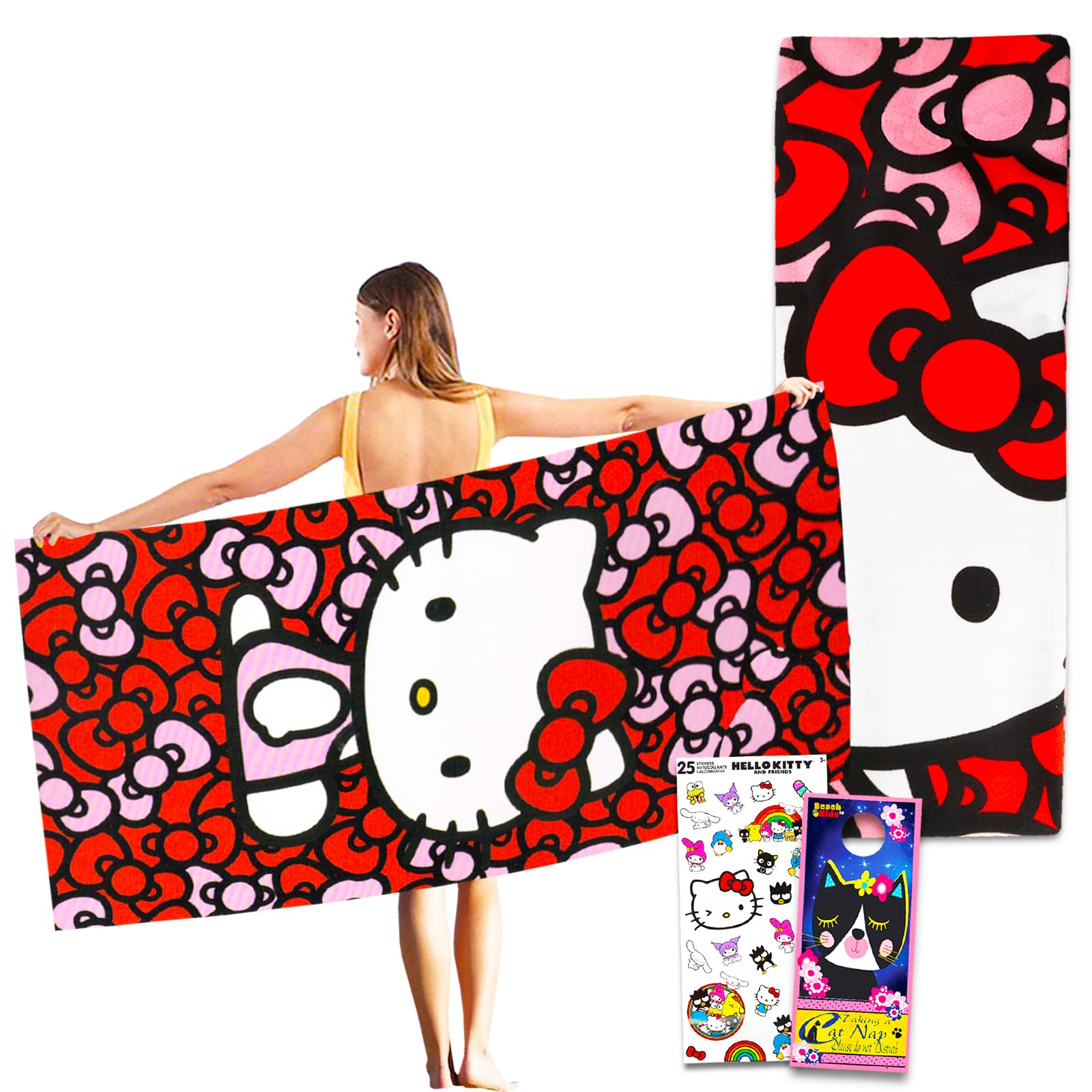 Hello Kitty Beach Towel Set - Bundle With 27X54 Hello Kitty Pool Towel Plus Stickers And More (Hello Kitty Bath Towel For Kids A
