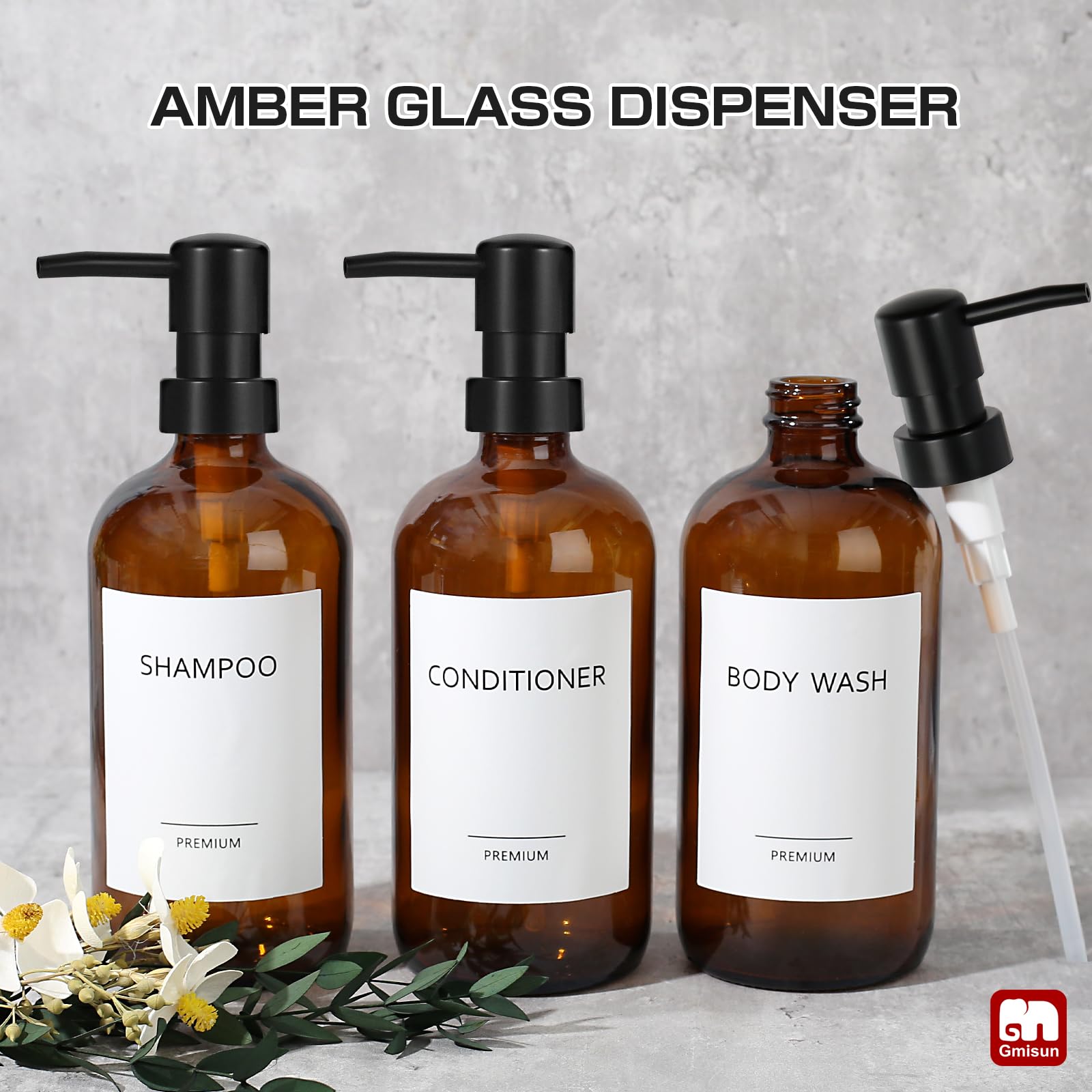 Gmisun Glass Shampoo And Conditioner Dispenser, Shampoo Dispenser With Upgraded Pump For Shower, Shampoo Conditioner Body Wash P