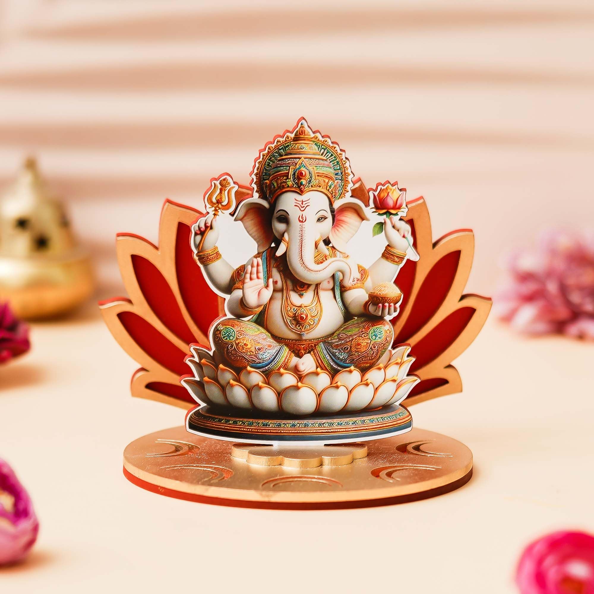 Ecraftindia Mdf Wooden Lord Ganesha Sitting On Lotus Flower Decorative Showpiece For Diwali, Lakshmi Puja, Ganesh Chaturthi Fest