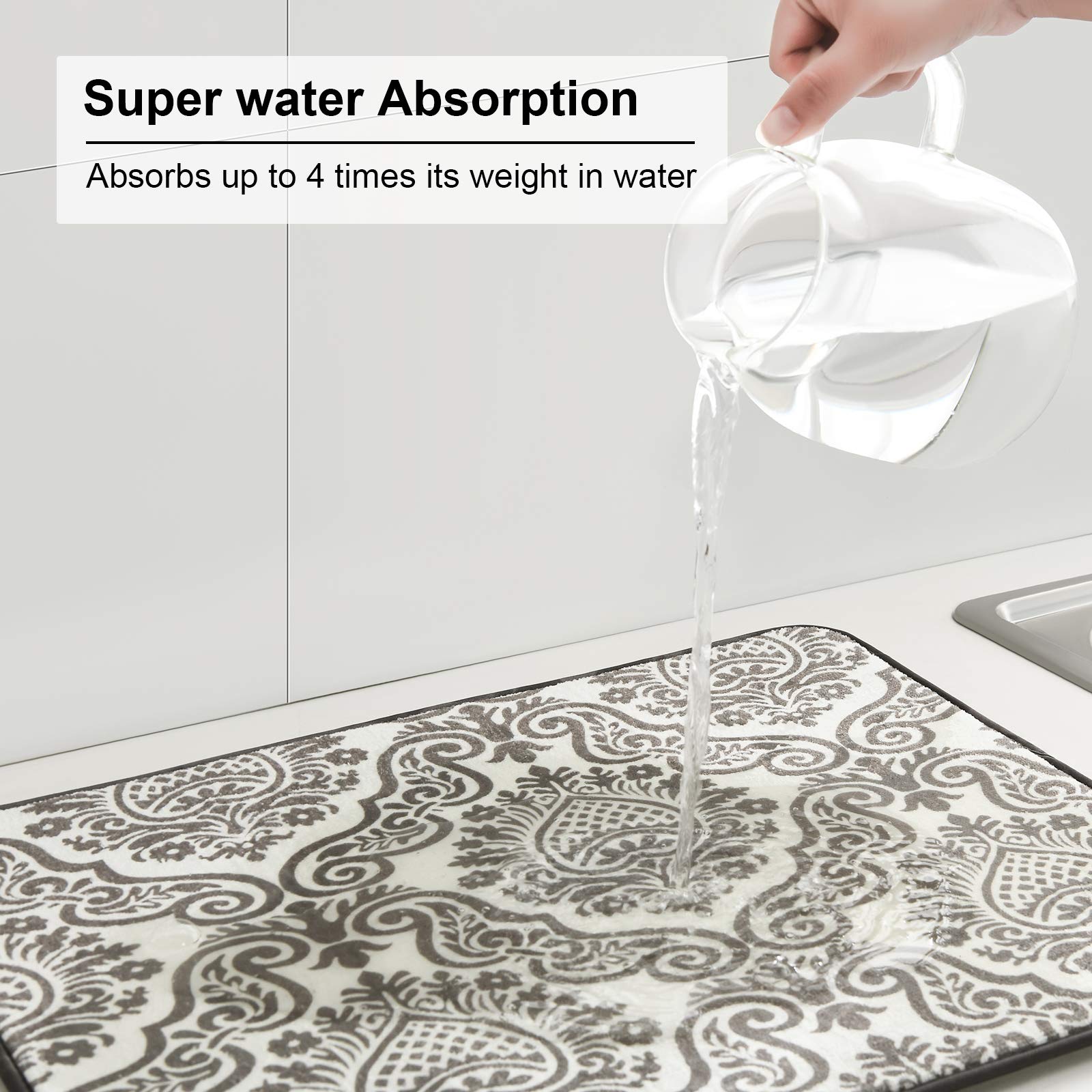 Subekyu Dish Drying Mats For Kitchen, Ultra Absorbent Microfiber Drying Mat, Dishes Drainer Pads 2 Pack, 19 By 15 Inch (Floral V