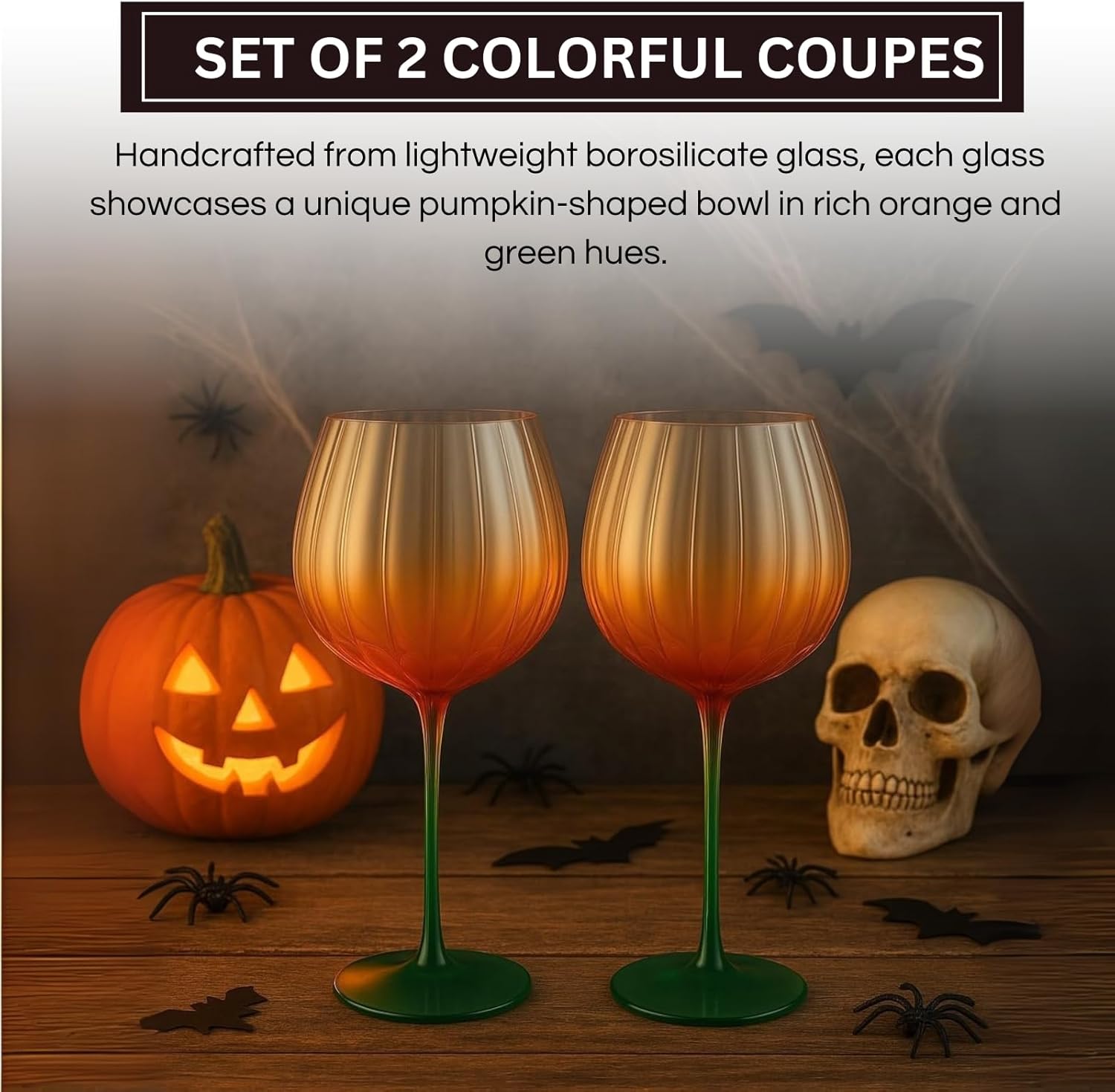 Khen Pumpkin Wine Glasses Fall Inspired Lightweight - Set of 2 Orange & Green