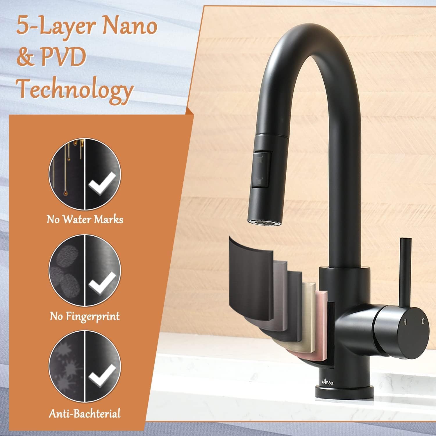 Appaso Bar Sink Faucet, Stainless Steel Kitchen Faucet With Pull Down Sprayer, Modern Single Handle High Arch Faucet Kitchen, Ut