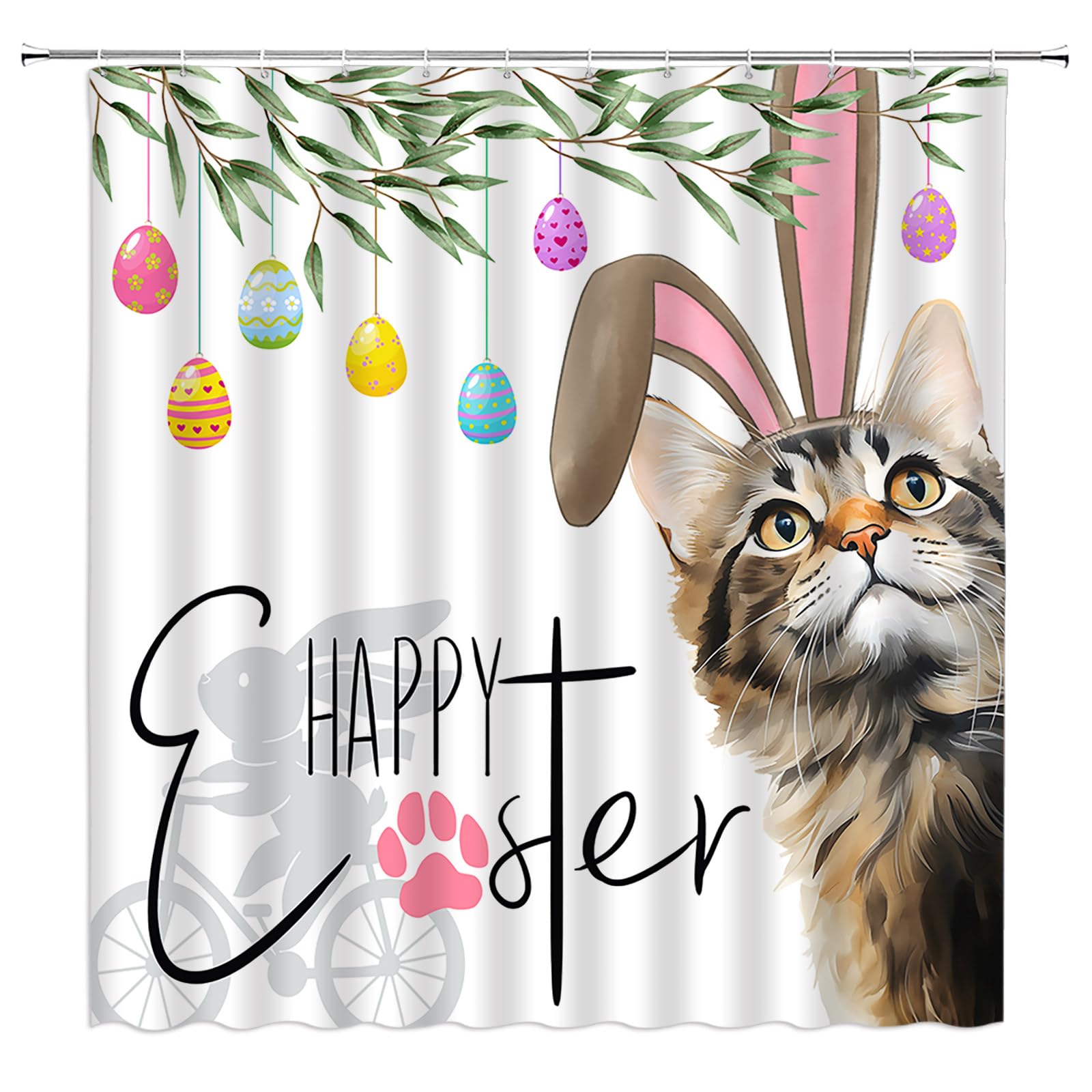 Ccxtcz Easter Shower Curtain Cute Bunny Cat Eggs Rabbit Spring Funny Fabric Bathroom Decor Curtains With Hooks,White