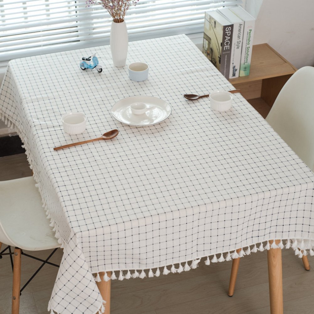 meioro Tablecloths Cotton Tablecloth for Rectangle Tables  Checkered Tassel Table Cloth Dust-Proof Rectangular Table Cover for Kitchen Dinning Tabletop Home(36 x 36 Inch  White Checked)