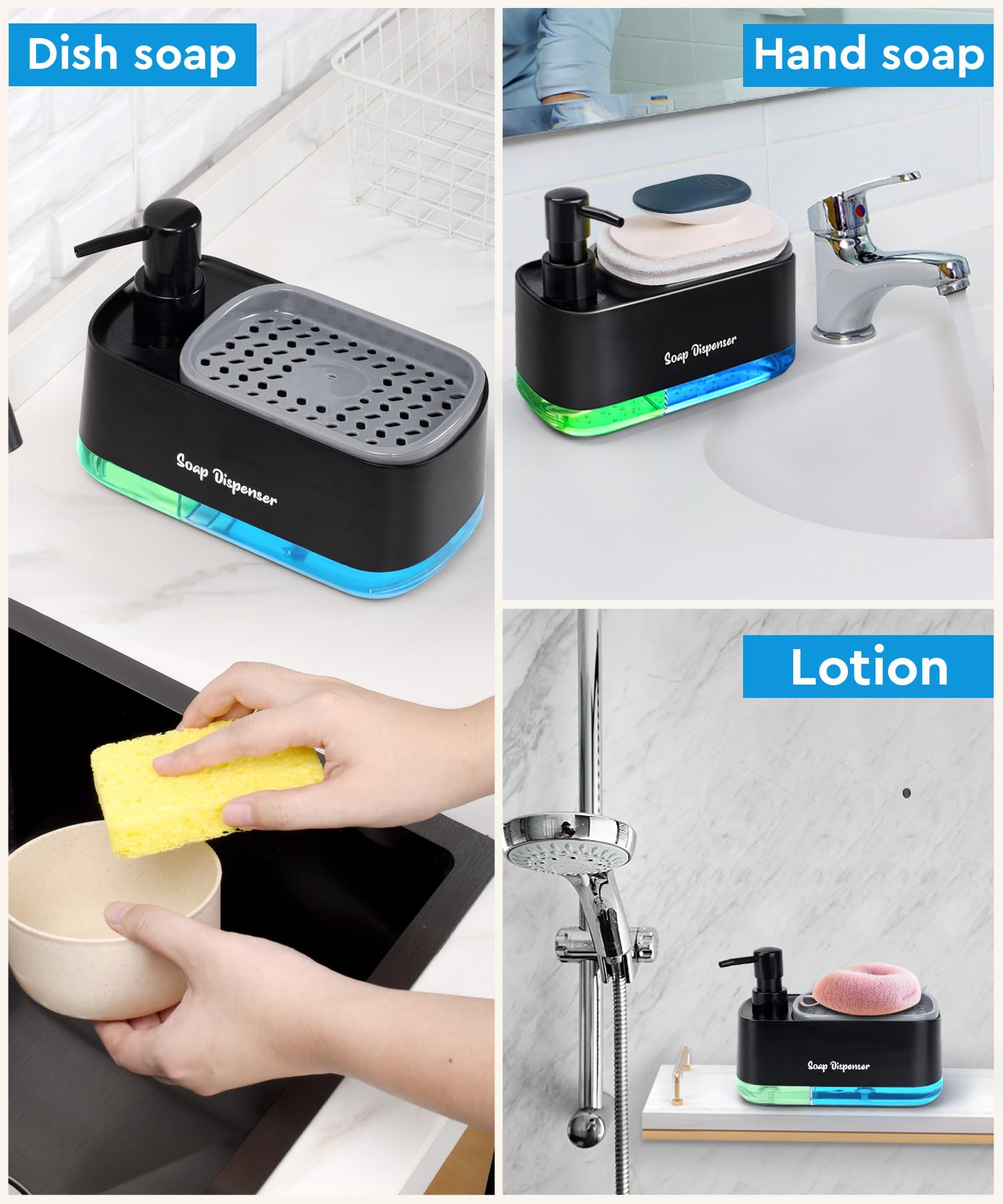 Hand And Dish Soap Dispenser Set For Kitchen, Dual Soap Dispenser With Sponge Holder, 3-In-1 Countertop Soap Pump Dispenser For