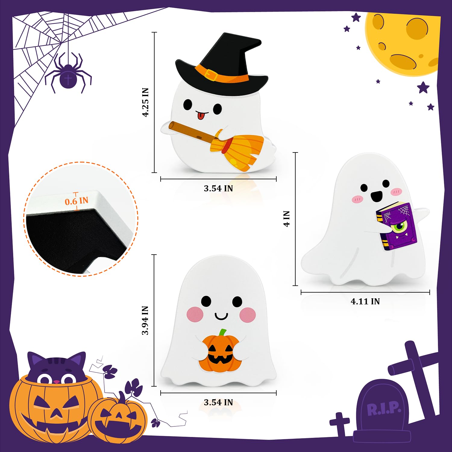 Halloween Table Decorations 3 Pcs, Cute Wooden Ghosts Party Decor for Indoor Home, Funny Signs for Tiered Tray Office, White Cen