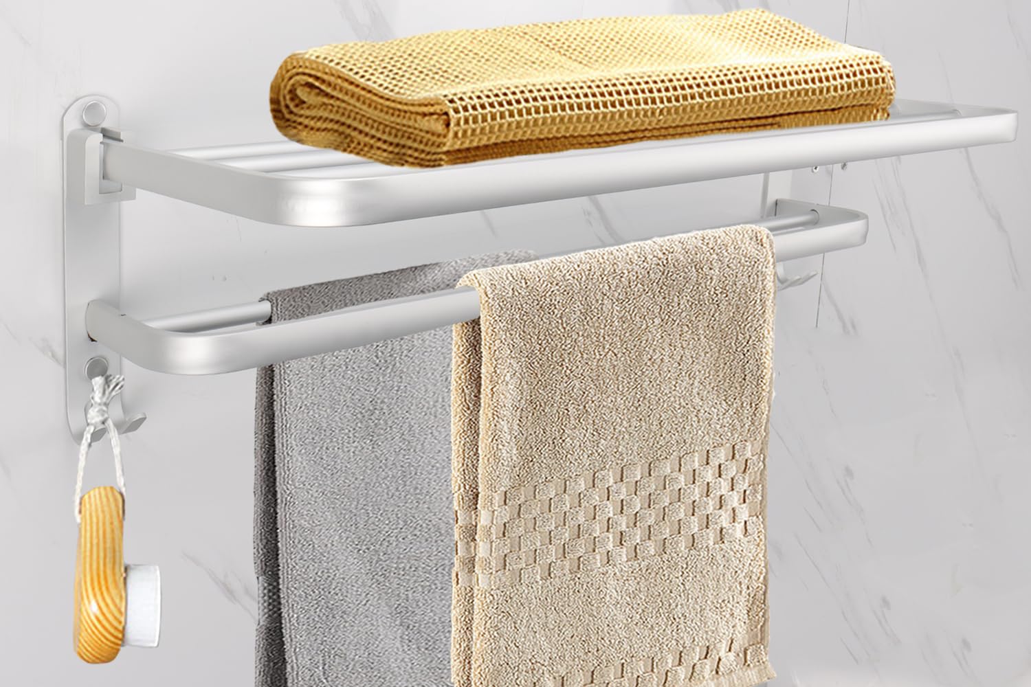Vanloory Towel Rack For Bathroom, Bath Towel Holder With Double Towel Bar And Fold-Able Towel Shelf, Rustproof Towel Organizer W