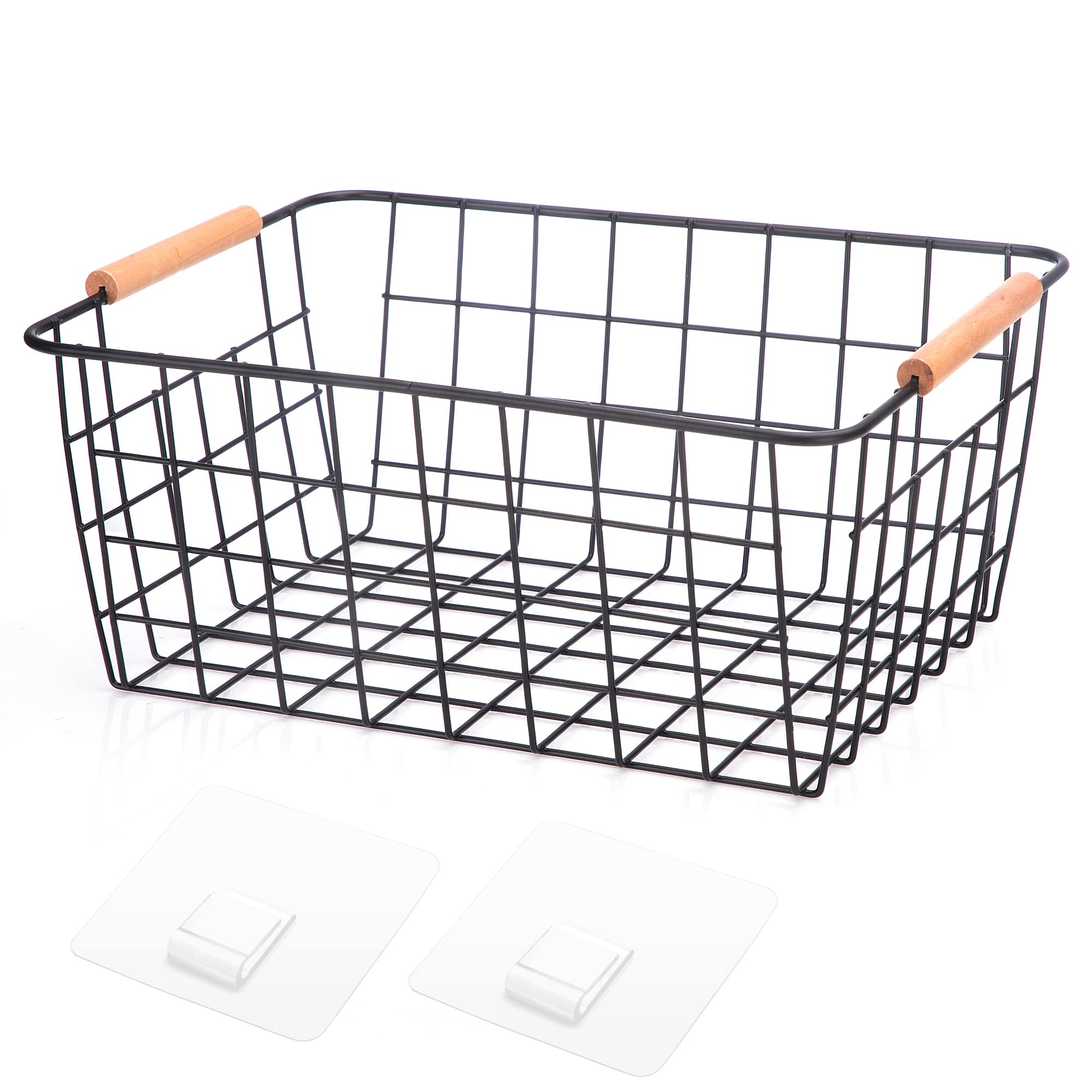 Hdyoudo Metal Wire Food Storage Basket Organizer With Wooden Handles For Organizing Kitchen Cabinets, 2 Packs-Black