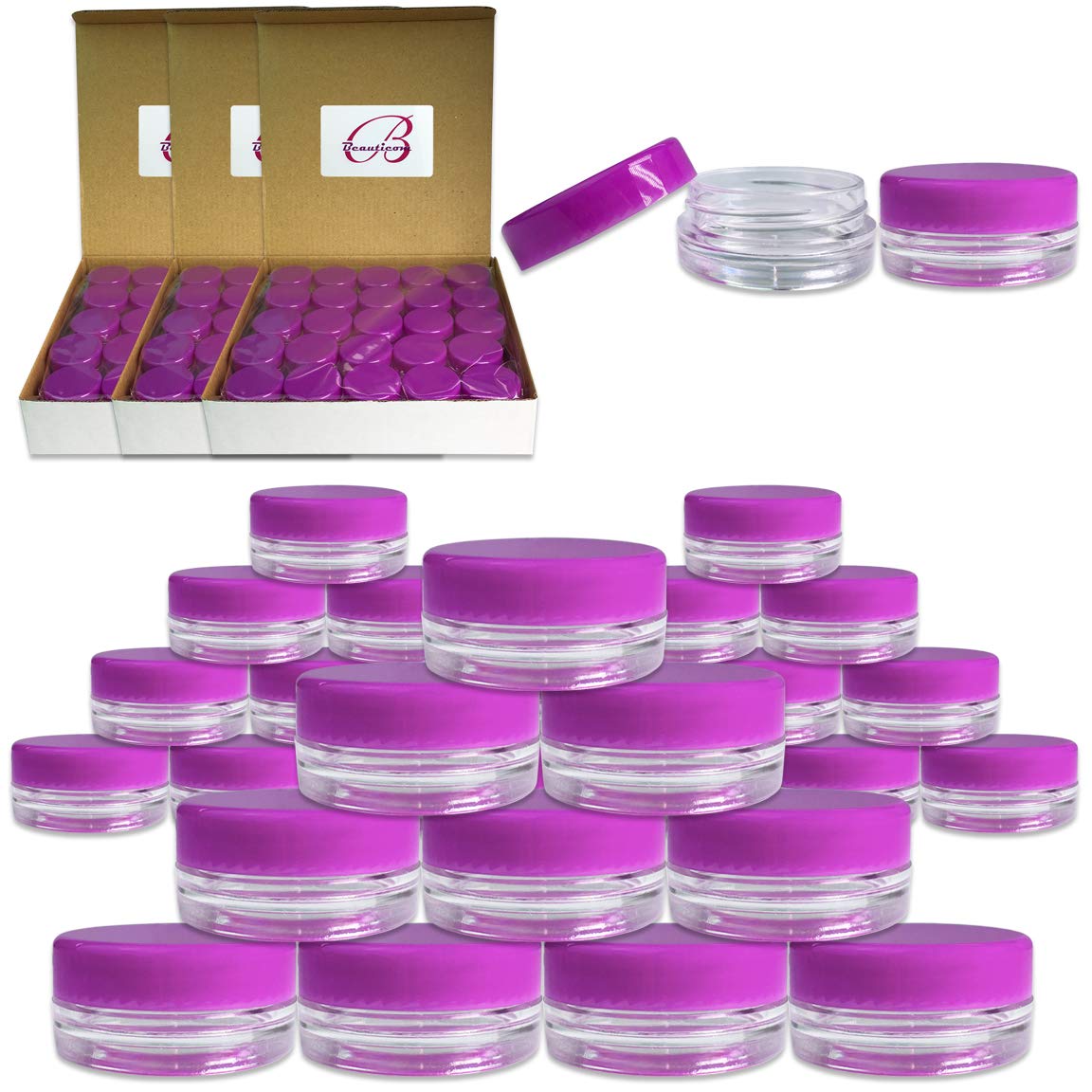 Beauticom (200 Pieces Jars + Lid) 3G/3Ml Round Clear Jars With Purple Screw Cap Lids For Scrubs, Oils, Toner, Salves, Creams, Lo