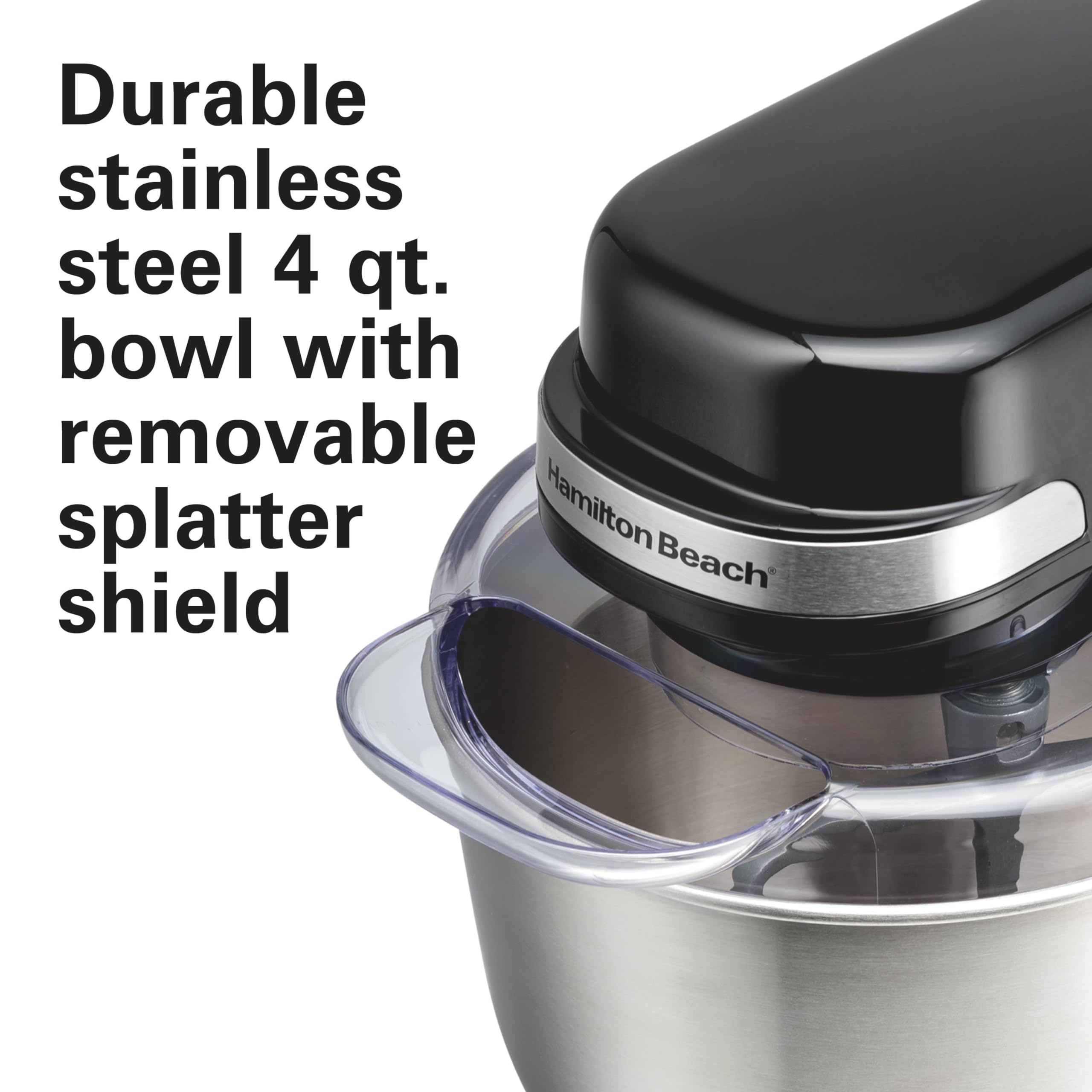 Hamilton Beach Electric Stand Mixer, 4 Quarts, Dough Hook, Flat Beater Attachments, Splash Guard 7 Speeds With Whisk, Black