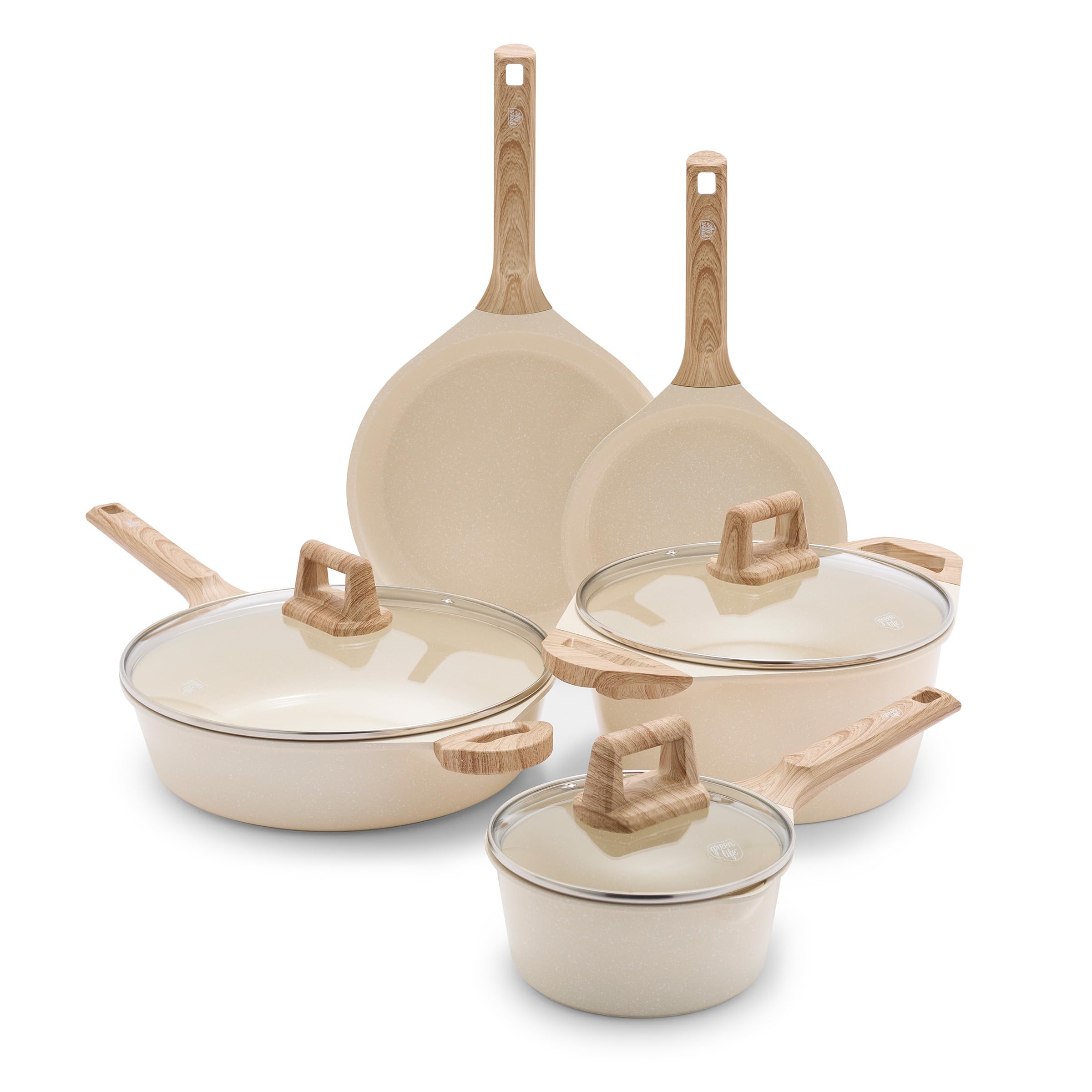 GreenLife Arte 8 Piece Ceramic Nonstick Cookware Pots and Pans Set, Induction Suitable, PFOA & PFAS Free, Wood Print Handles, Gl