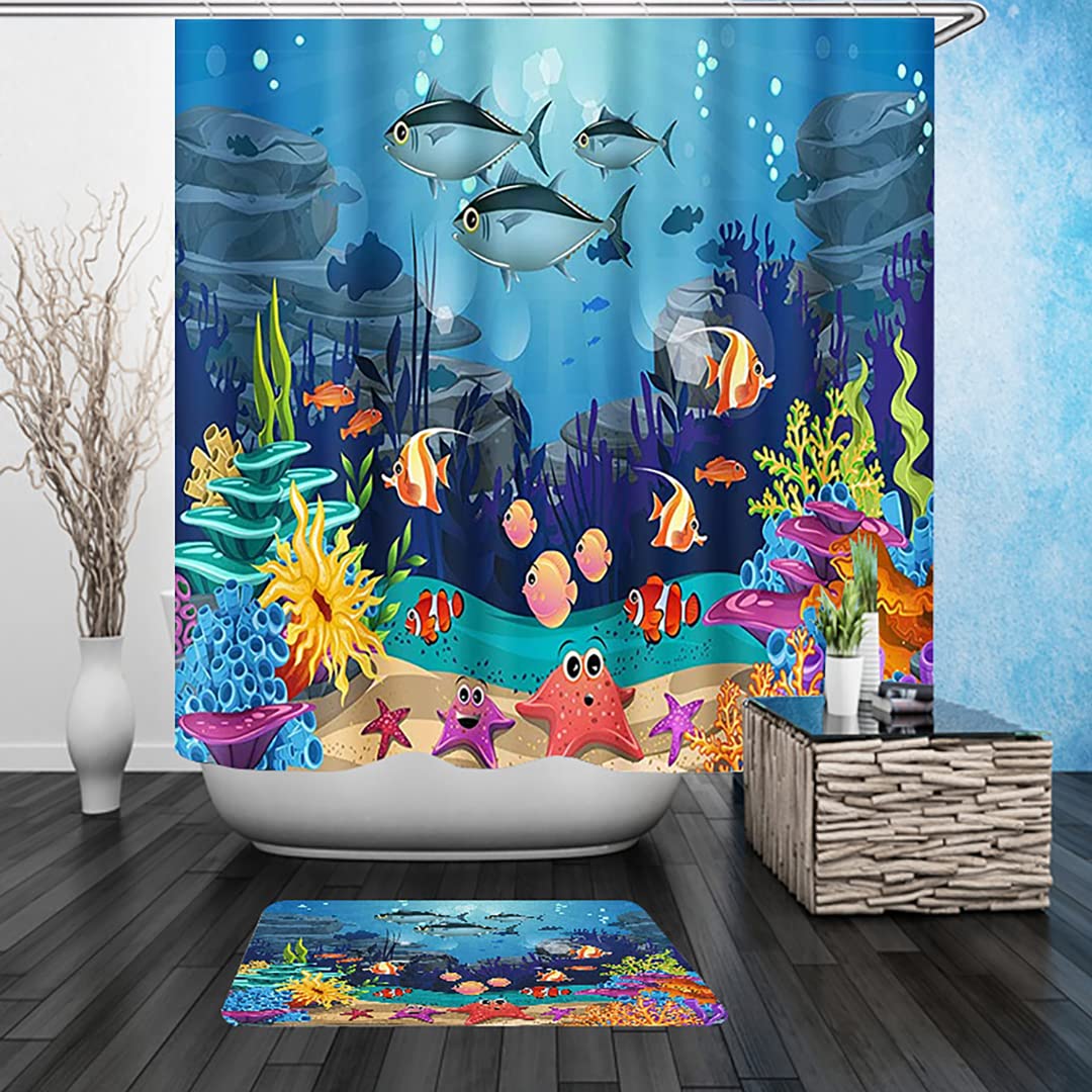 Nbvko 4Pcs Cartoon Blue Ocean And Creature Shower Curtain Set With Non-Slip Rugs,Toilet Lid Cover And Bath Mat,Bathroom Shower D