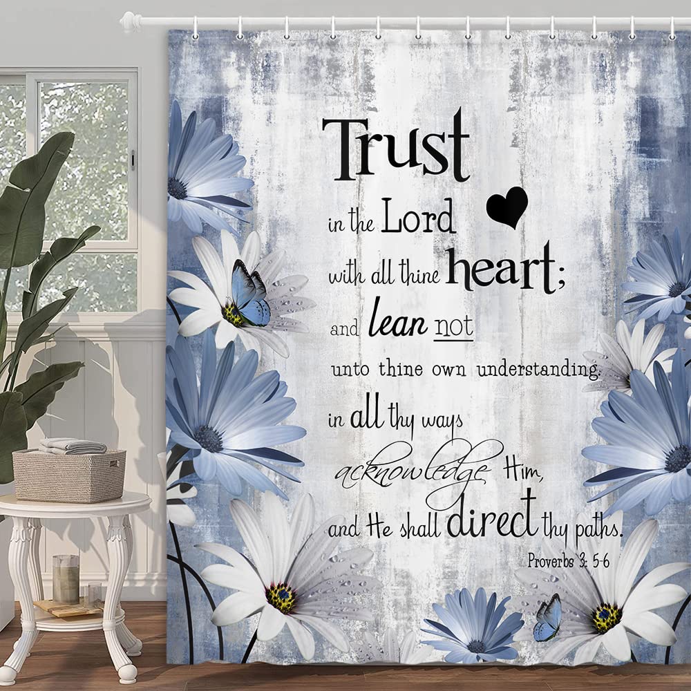 Rustic Farmhouse Blue Shower Curtain Bible Verse Inspirational Shower Curtain Country Farm Bright Navy Blue Daisy Flowers Butter