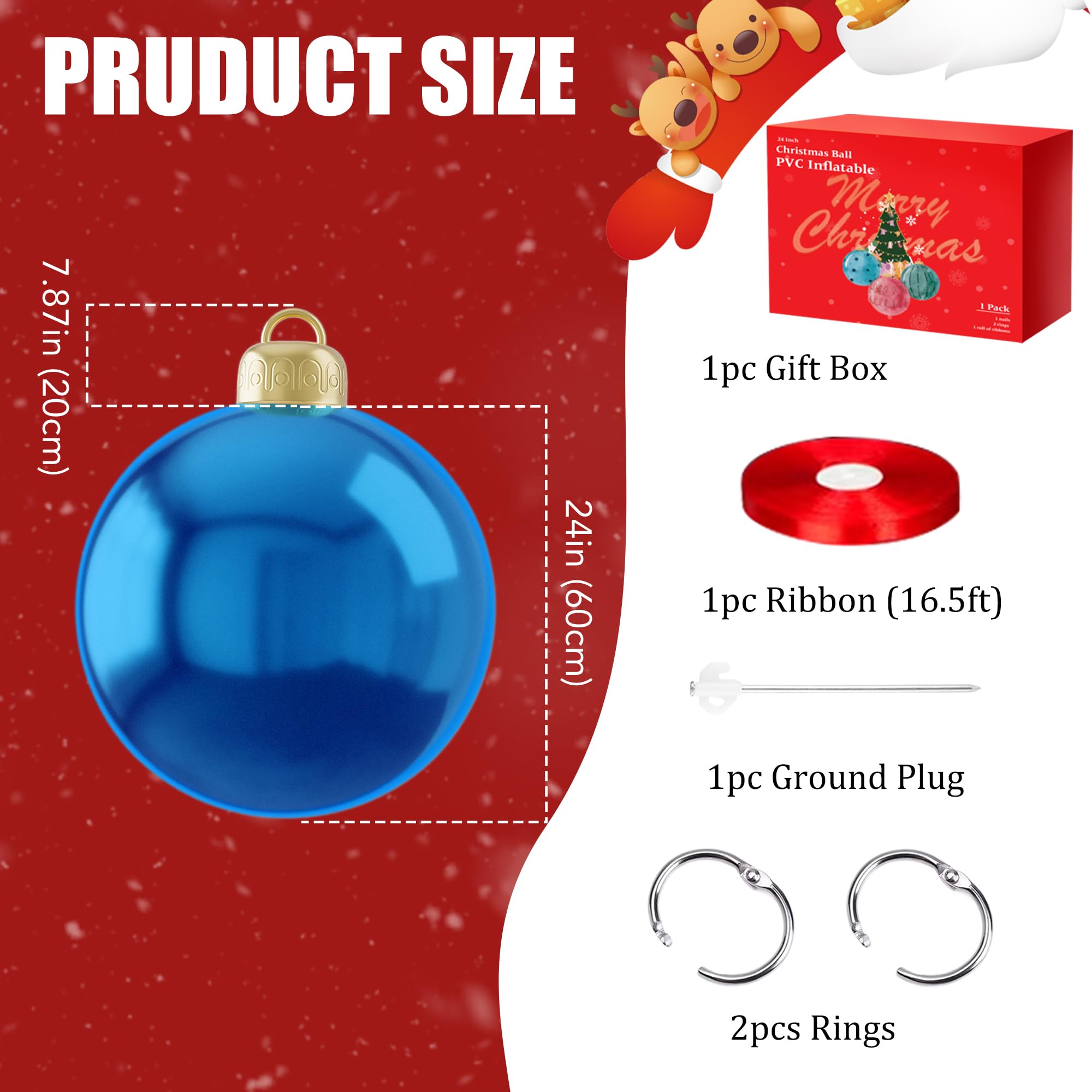 24 Inch Giant Christmas Ornaments Inflatable Decorative Christmas Ball, Yard Ornaments Large Inflatable Xmas Ornament Ball for I