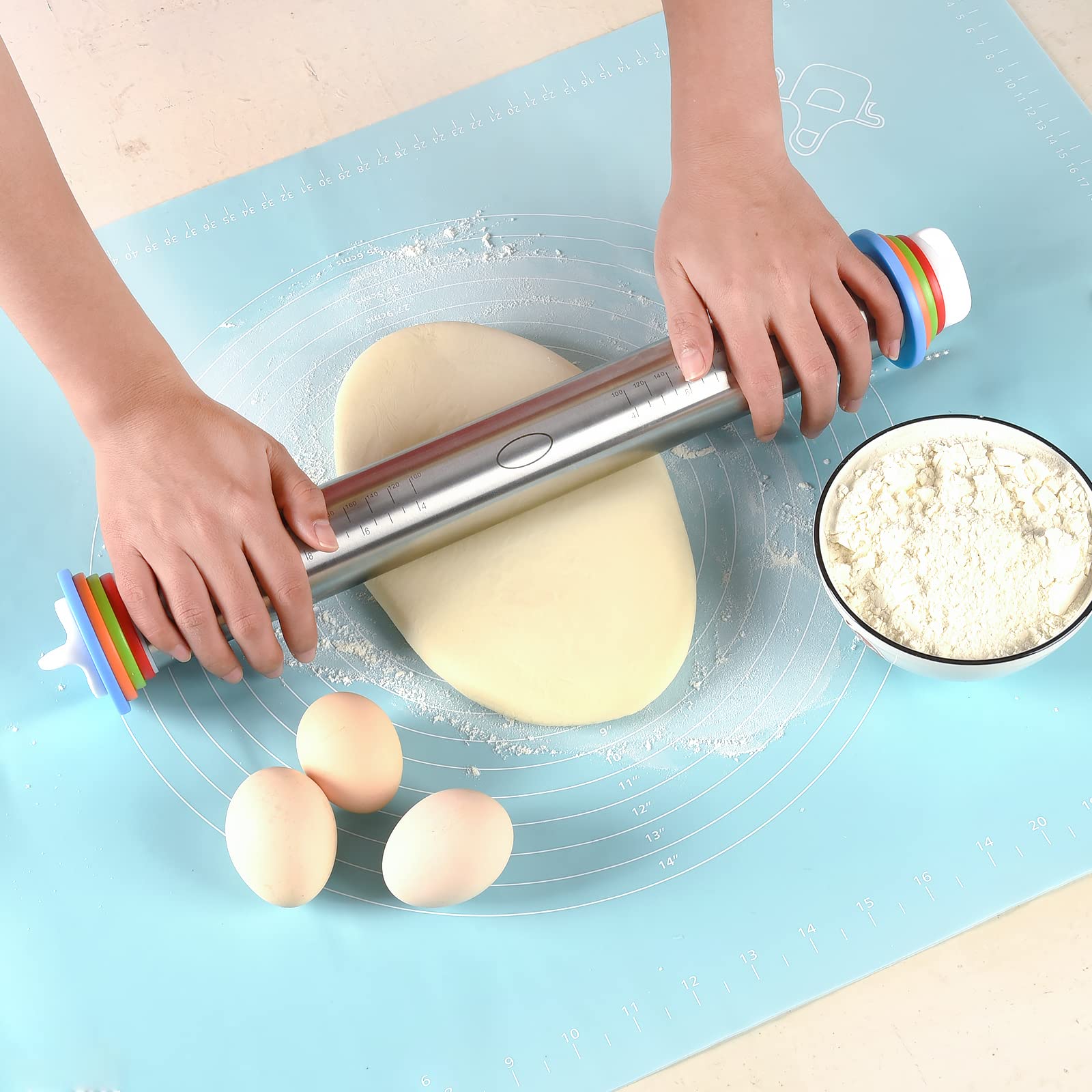Adjustable Rolling Pin With 4 Thickness Rings, Stainless Steel Dough Roller Pizza Roller Handle Press Design With Measurement Gu