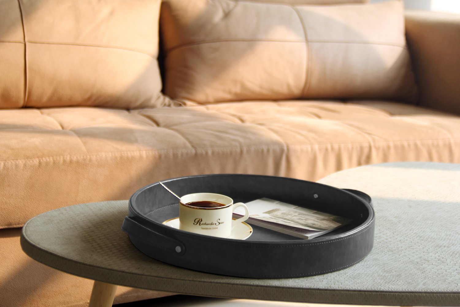 Hofferruffer Top Nocth Pu Leather Round Serving Tray, Decorative Serving Tray With Handles, Coffee Tray, Ottoman Tray For Home O