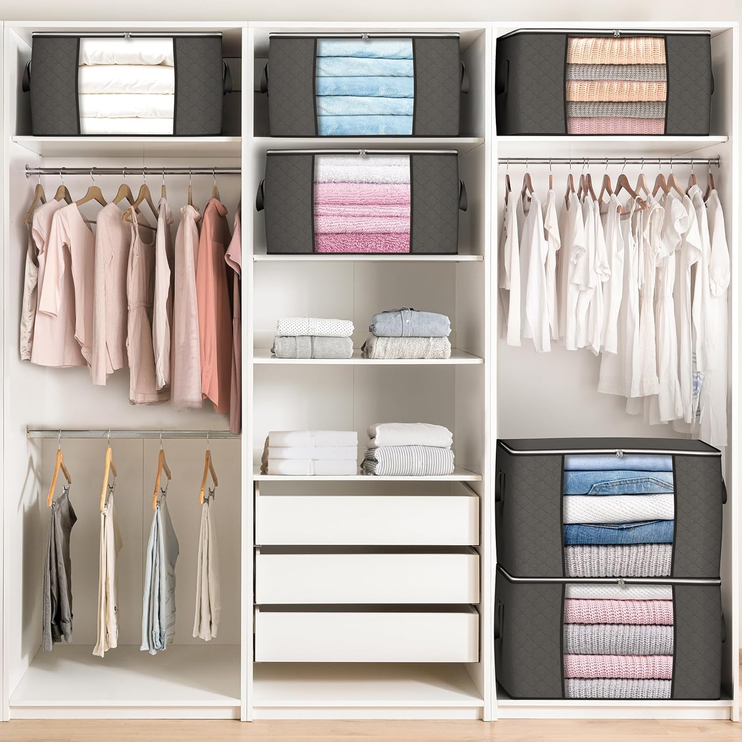 90L Large Storage Bags, 6 Pack Clothes Storage Bins Foldable Closet Organizers Storage Containers with Durable Handle for Clothi