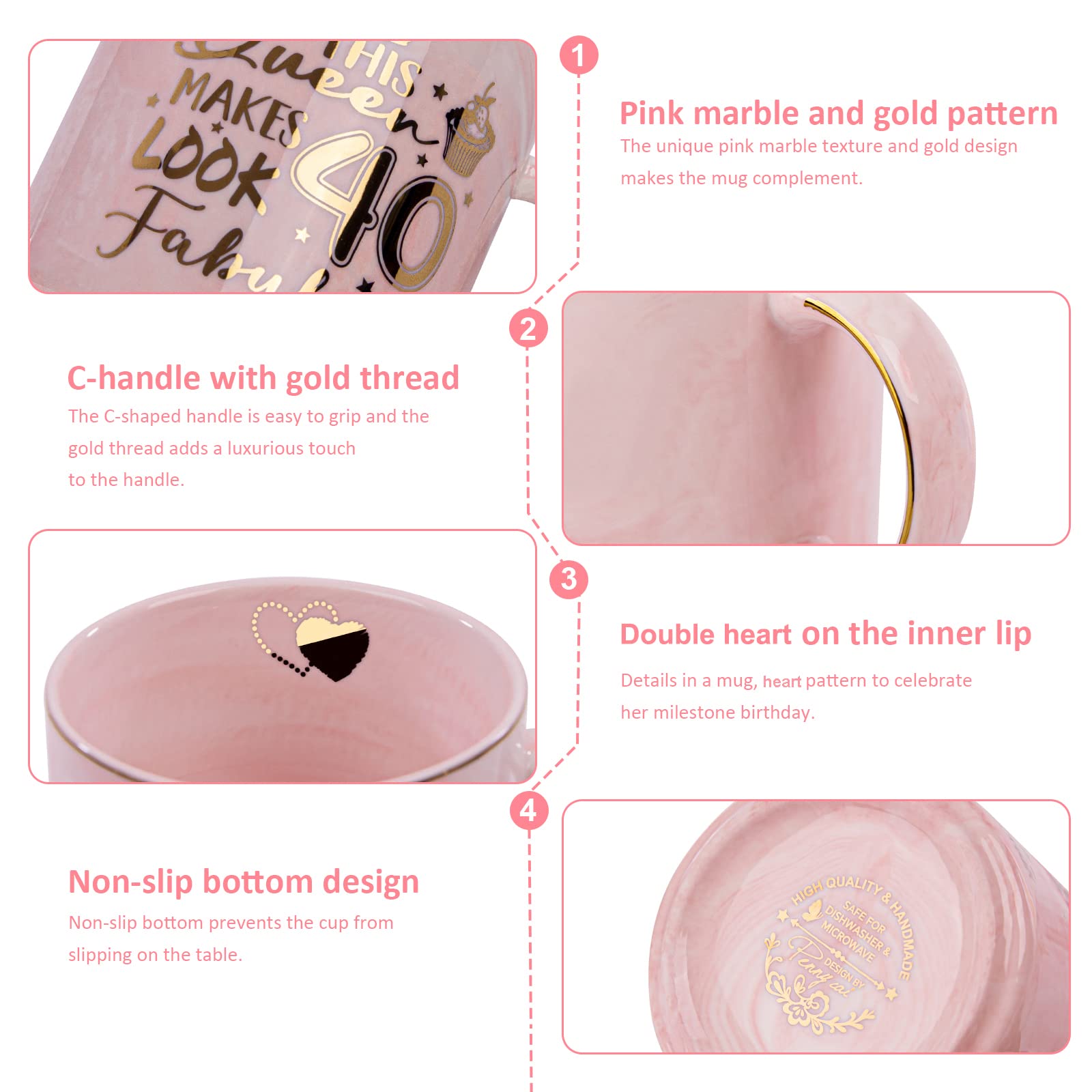 40Th Birthday Gifts Women - 14Oz Fabulous Pink Coffee Mug With Gold Pattern - Unique 40Th Birthday Gift Ideas For Mom Sister Aun