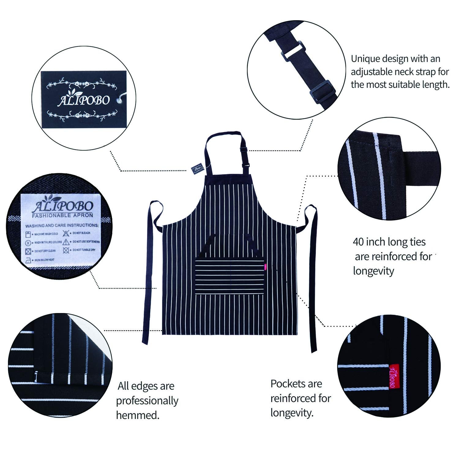 Alipobo Kitchen Cooking Apron For Women And Men, Adjustable Chef Bib Apron With Pockets - 32'' X 28'' - Black/White Pinstripe- 1