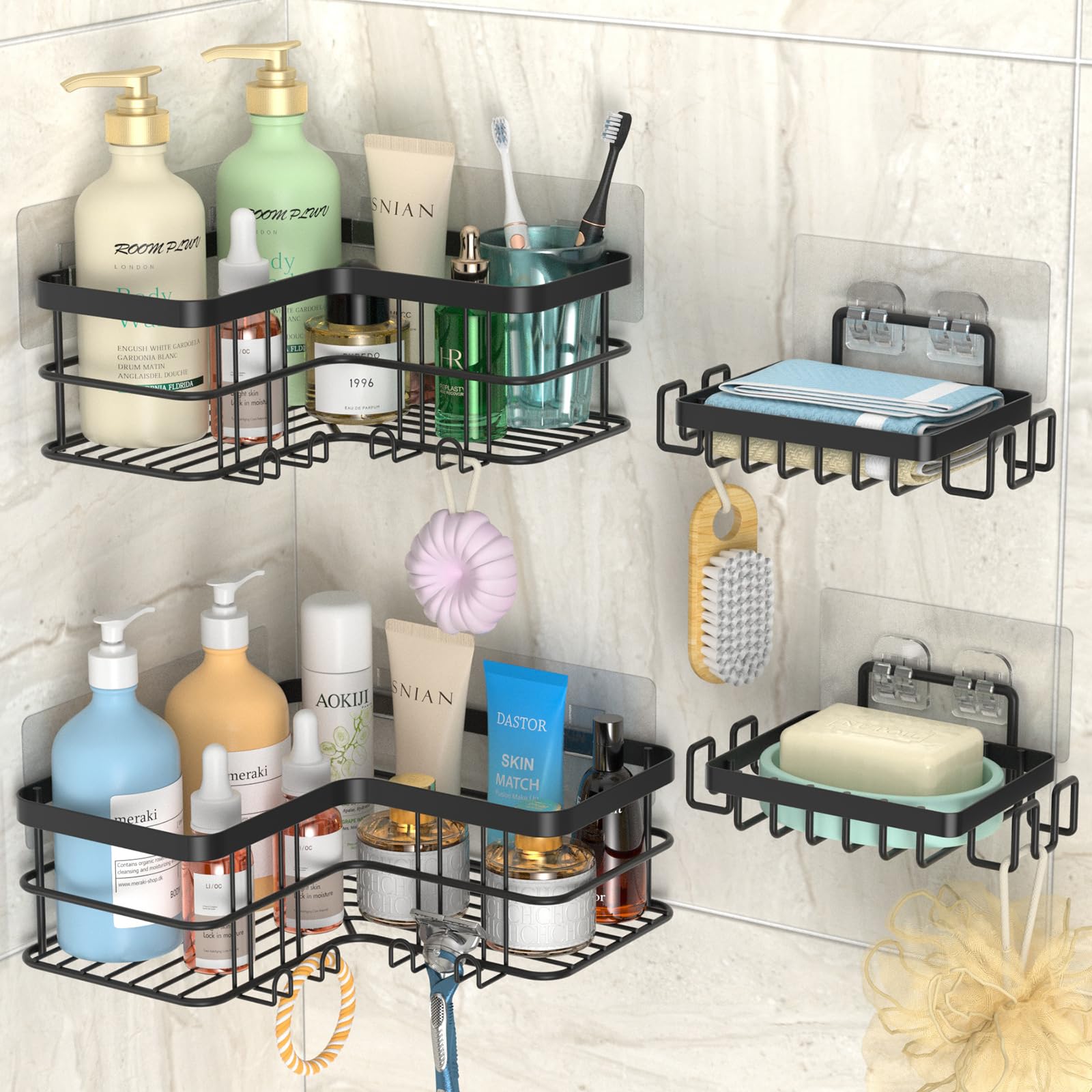 Yazoni Corner Shower Caddy, 4-Pack Adhesive Shower Shelves With Soap Holder No Drilling, Rustproof Bathroom Shower Organizer Sto