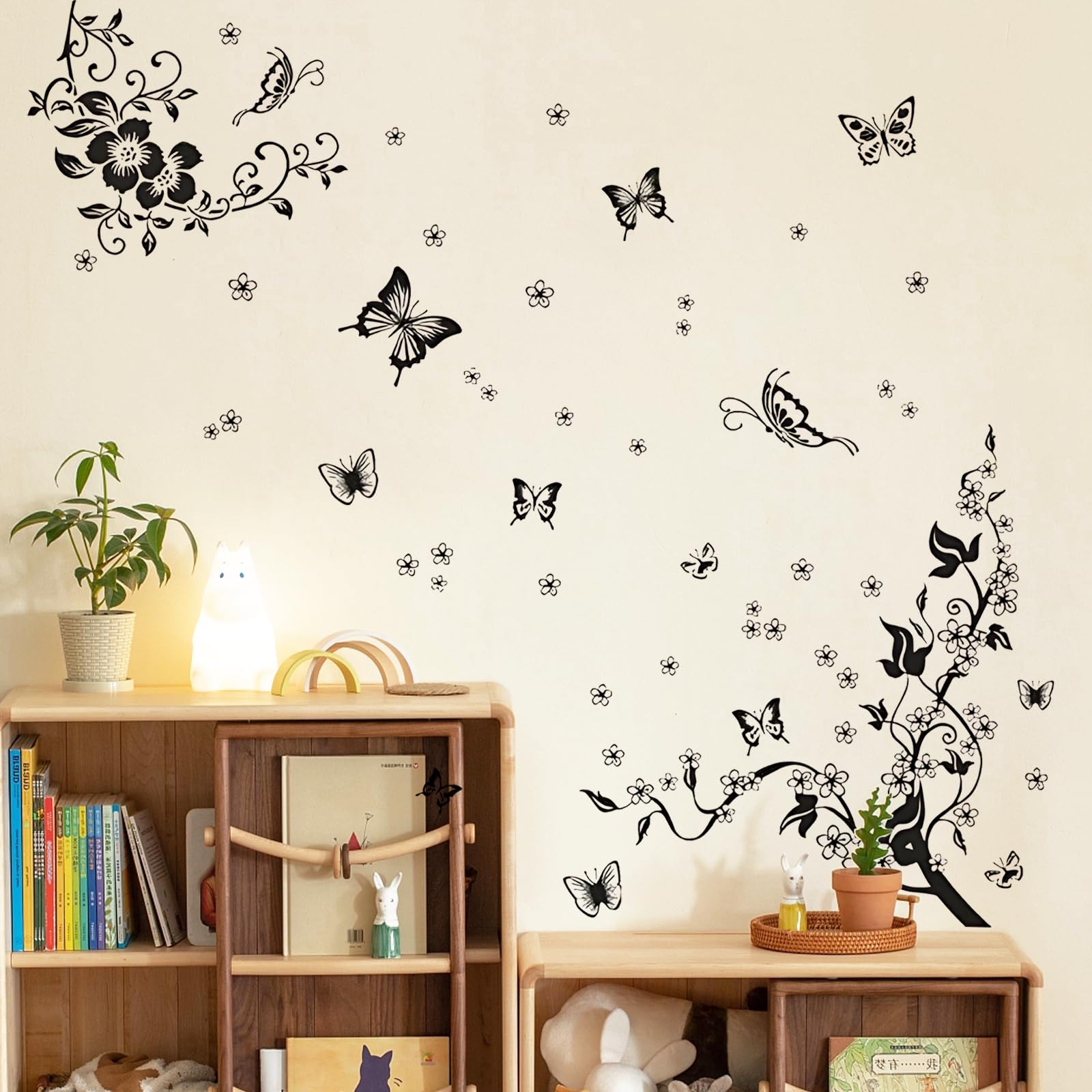Supzone Flowers Vine Wall Decals Black Flowers Wall Stickers Butterfly Wall Decor Removable Vinyl Wall Art Stickers for Bedroom Living Room Office Sofa Backdrop TV Wall Home Decoration