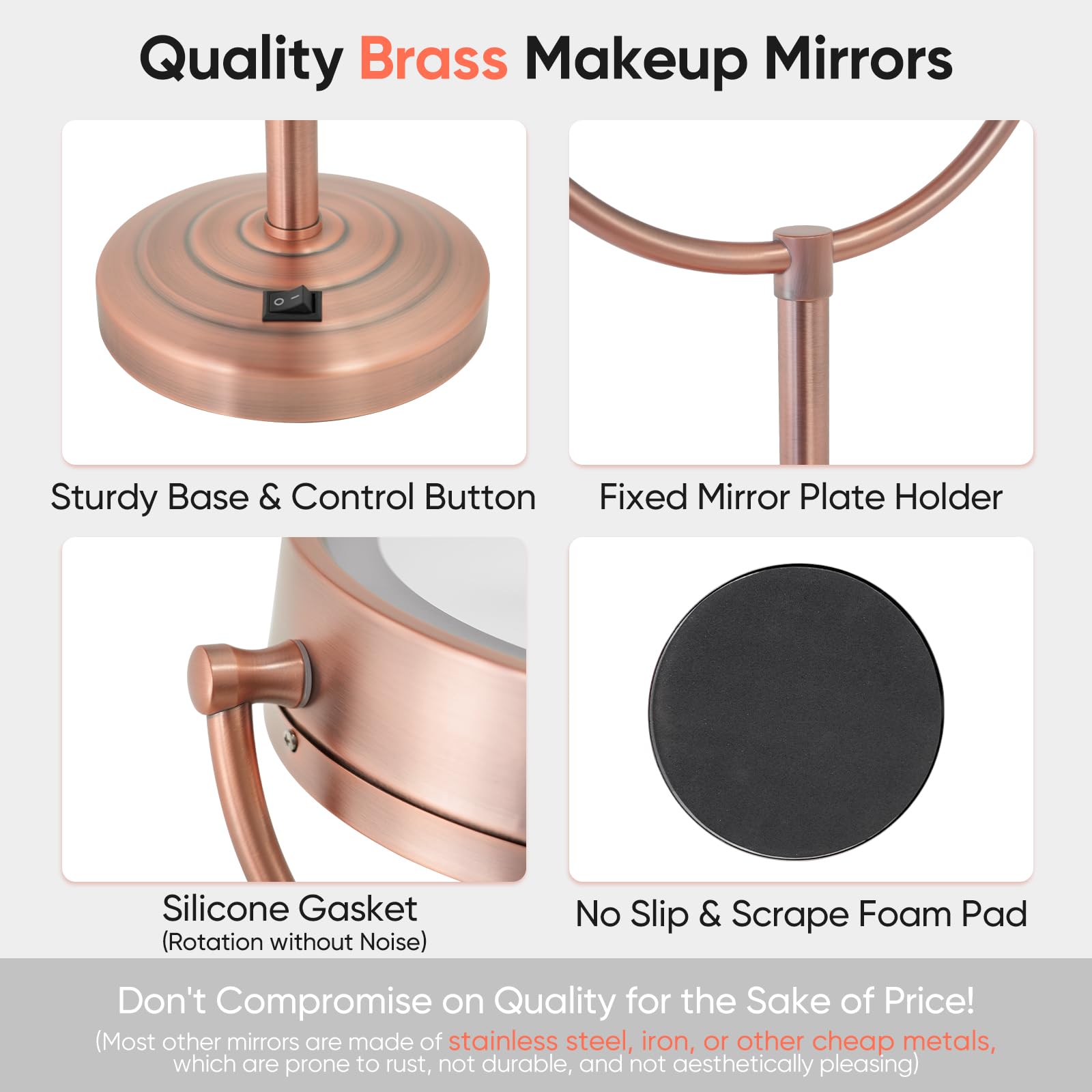 Gurun 8.5 Inch Tabletop Led Lighted Makeup Mirror With 10X Magnification Double Sided Vanity Mirror Plug Power Matte Rose Gold M