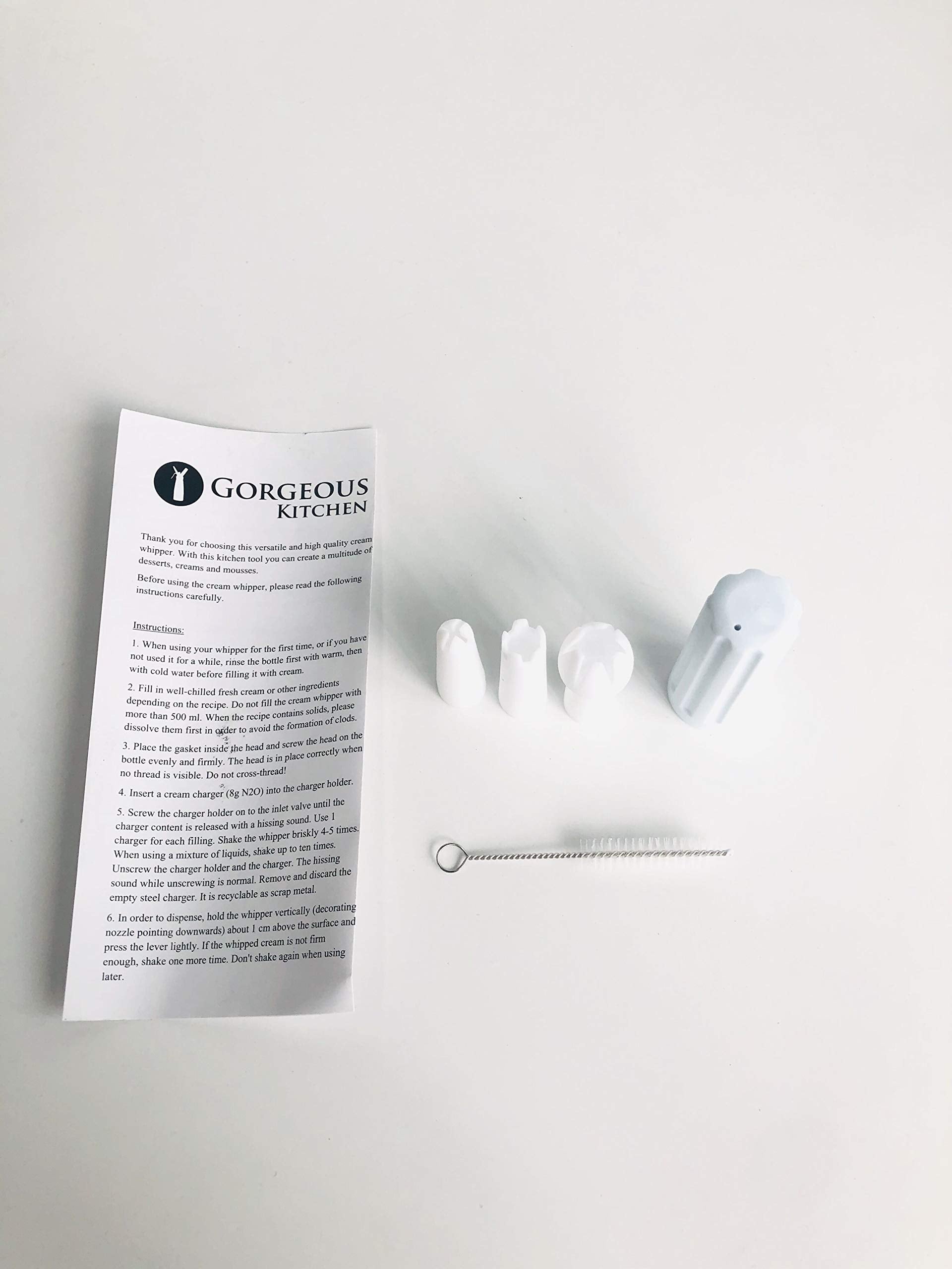 Gorgeous Kitchen Whipped Cream Dispenser Replacement Parts Kit - Includes 3 Decorating Tips, Cleaning Brush, And Charger Holder