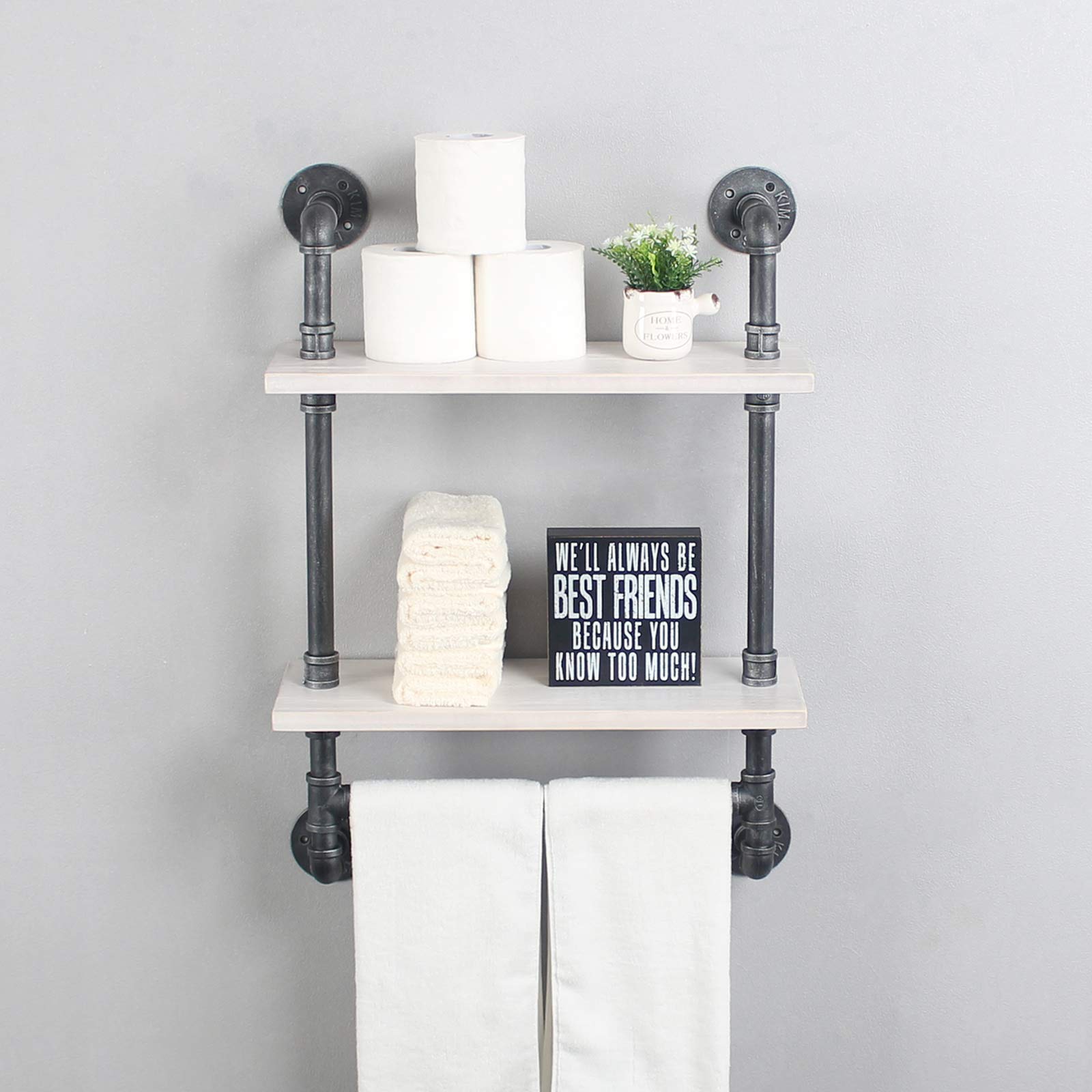 Industrial Pipe Shelf Bathroom Shelves Wall Mounted 19.6in Rustic Wood Shelf with Towel Bar 2 Tier Farmhouse Towel Rack Over Toilet Pipe Shelving Floating Shelves Towel Holder Retro White