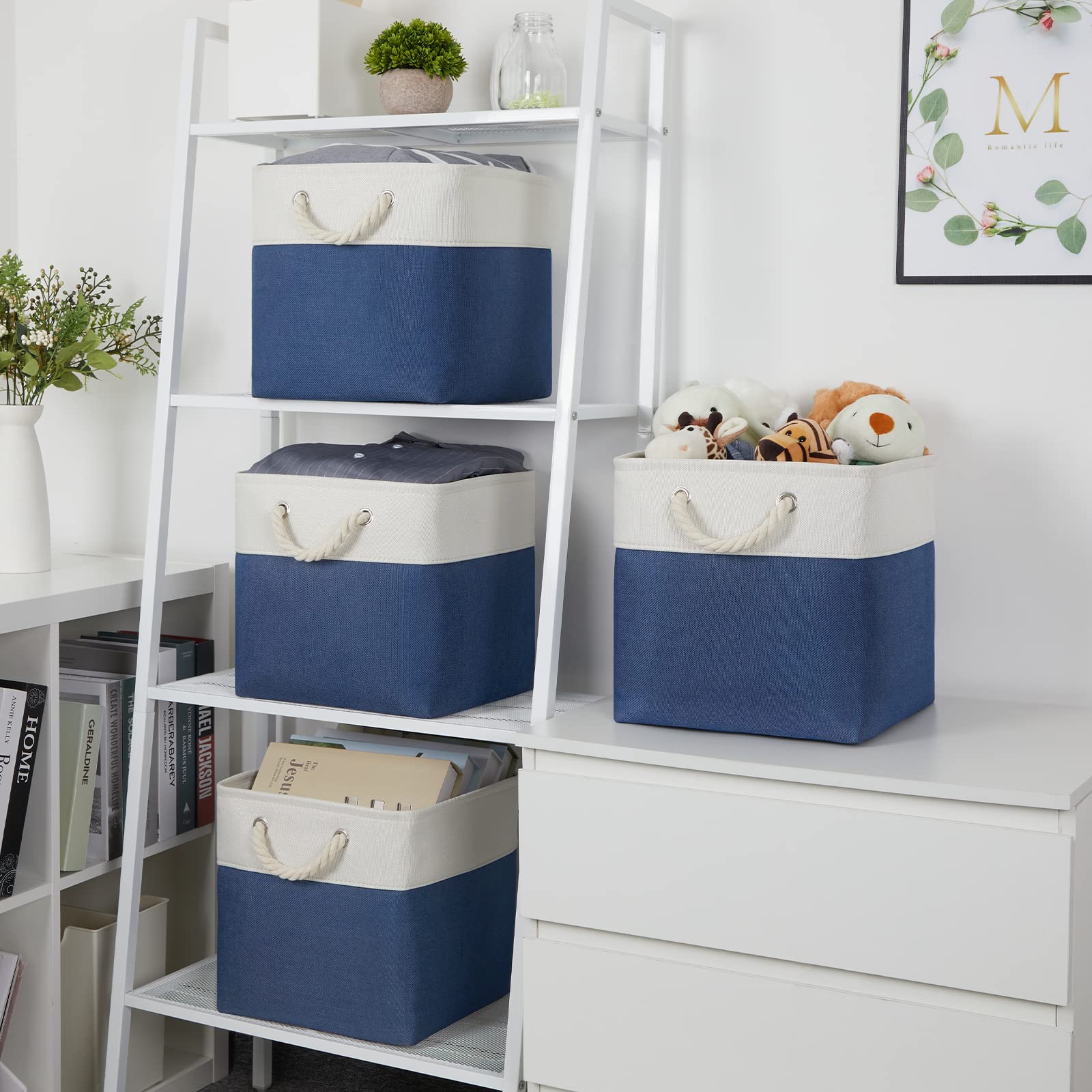 Temary Fabric Storage Cubes for Organizing 4Pack Blue Fabric Storage Basket 12 Inch Cube Storage Bins with Handles for Organizing Toys  Shelf Baskets for Home Office Closet (White&Blue)