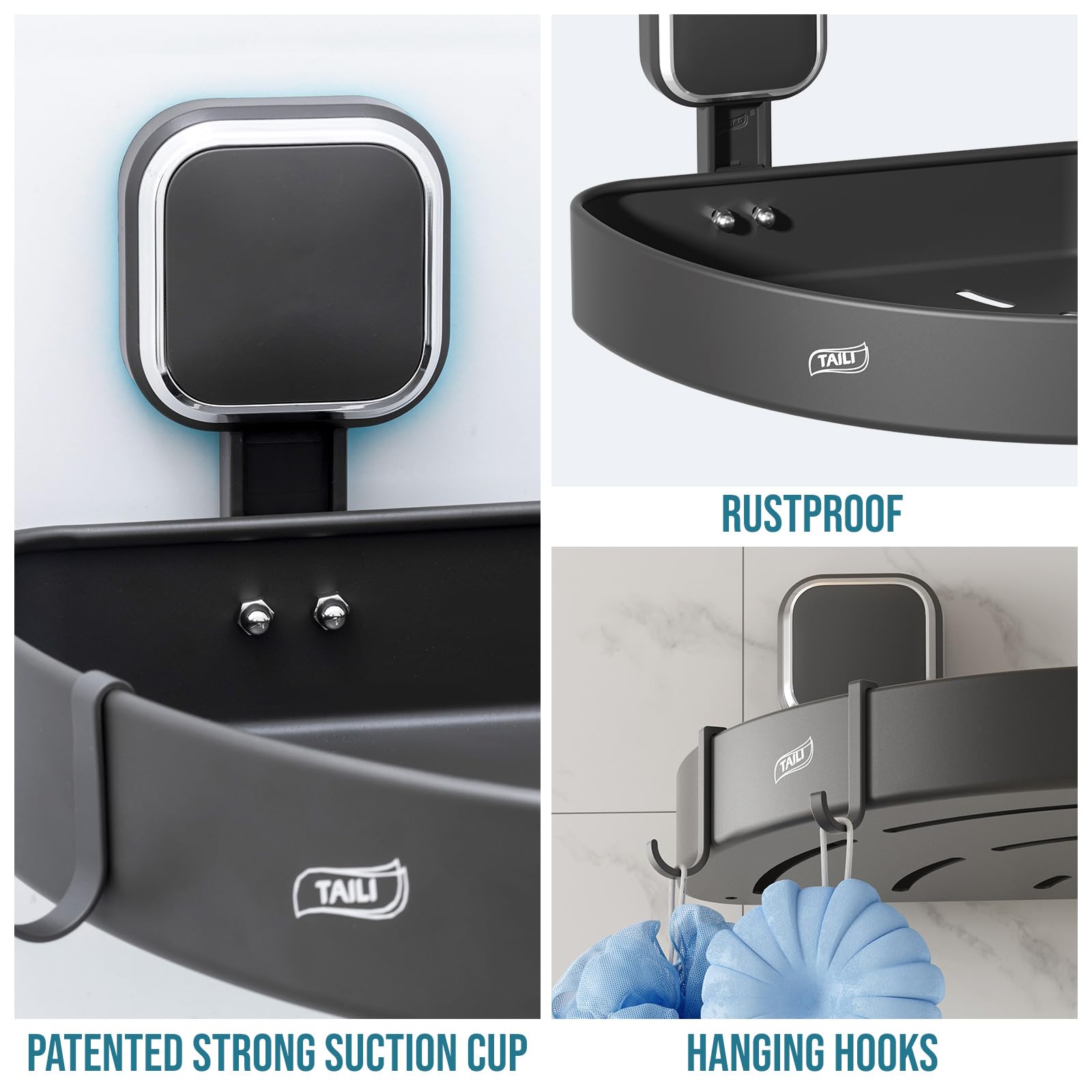 Taili Corner Shower Caddy With Suction Cup With Hooks, Aluminum Corner Shower Shelf Shower Basket,Wall Mounted Organizer Rack Fo