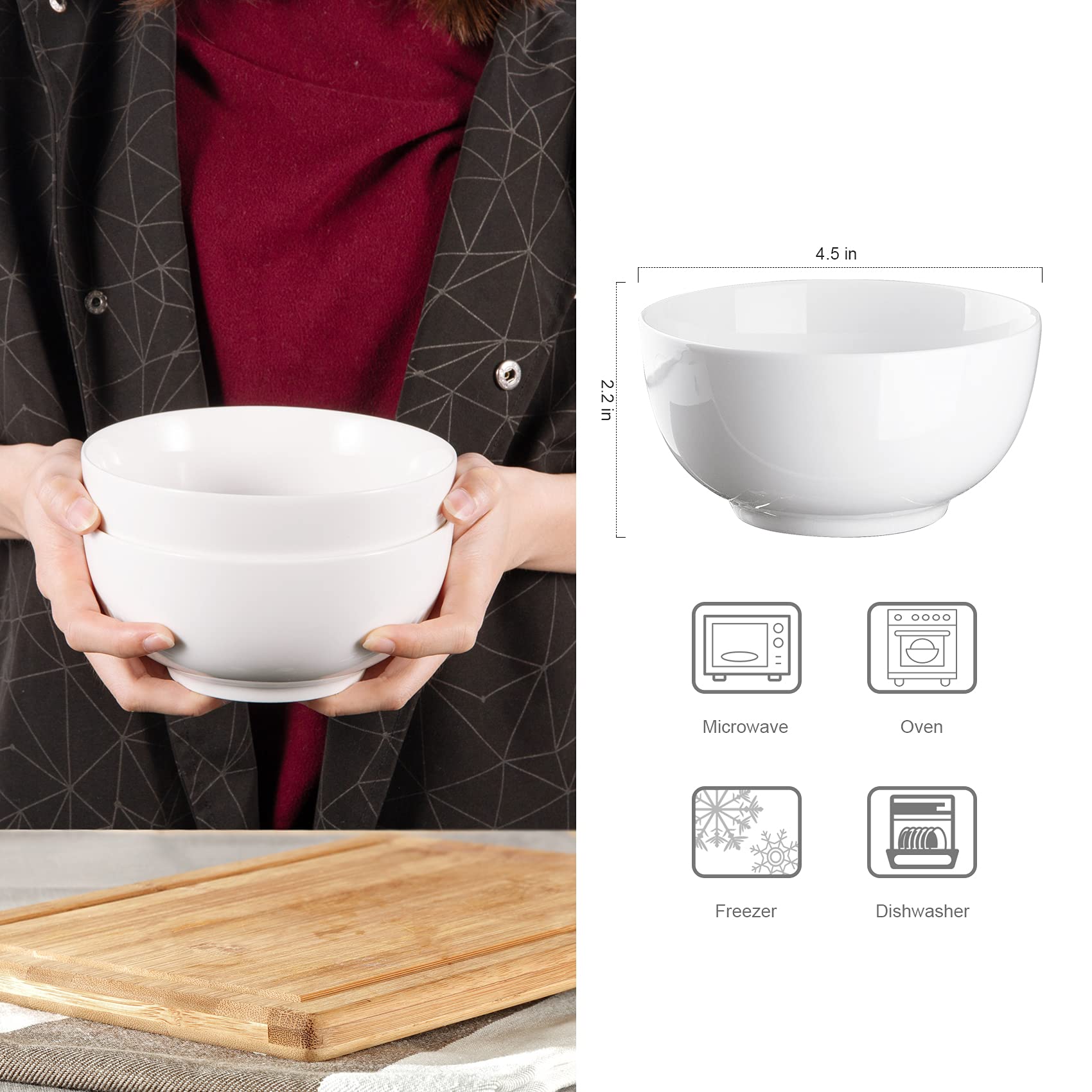 Cibeat 10 Ounce Porcelain Bowls Set 8 Pack Premium White Ceramic Bowls For Cereal, Soup, Salad, Pasta, Prep, Rice, Ice Cream, Mi