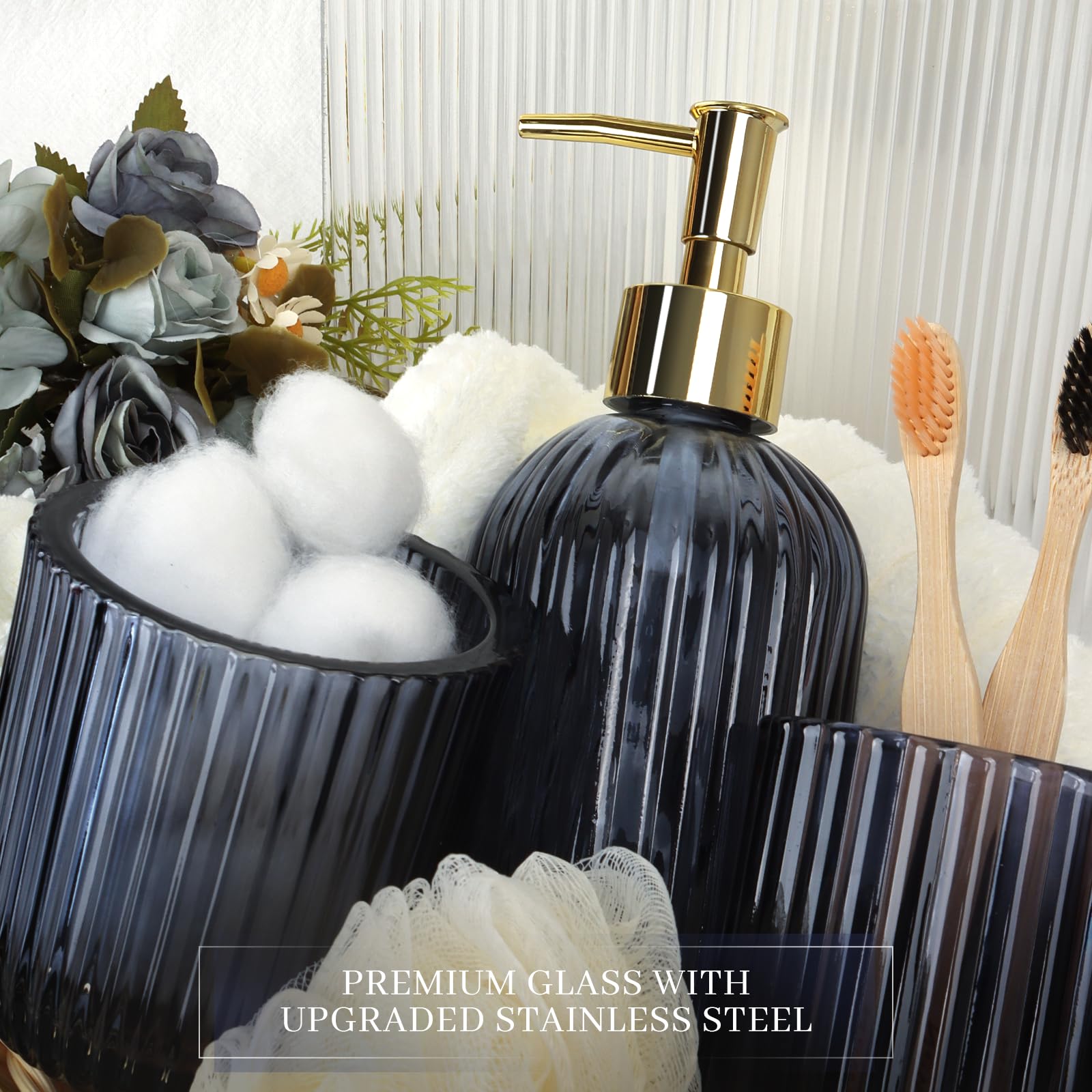 Designer Blue Glass Bathroom Accessories Sets - 4 Pcs With Lotion Soap Dispenser, Bathroom Toothbrush Holder, Vanity Tray, And A