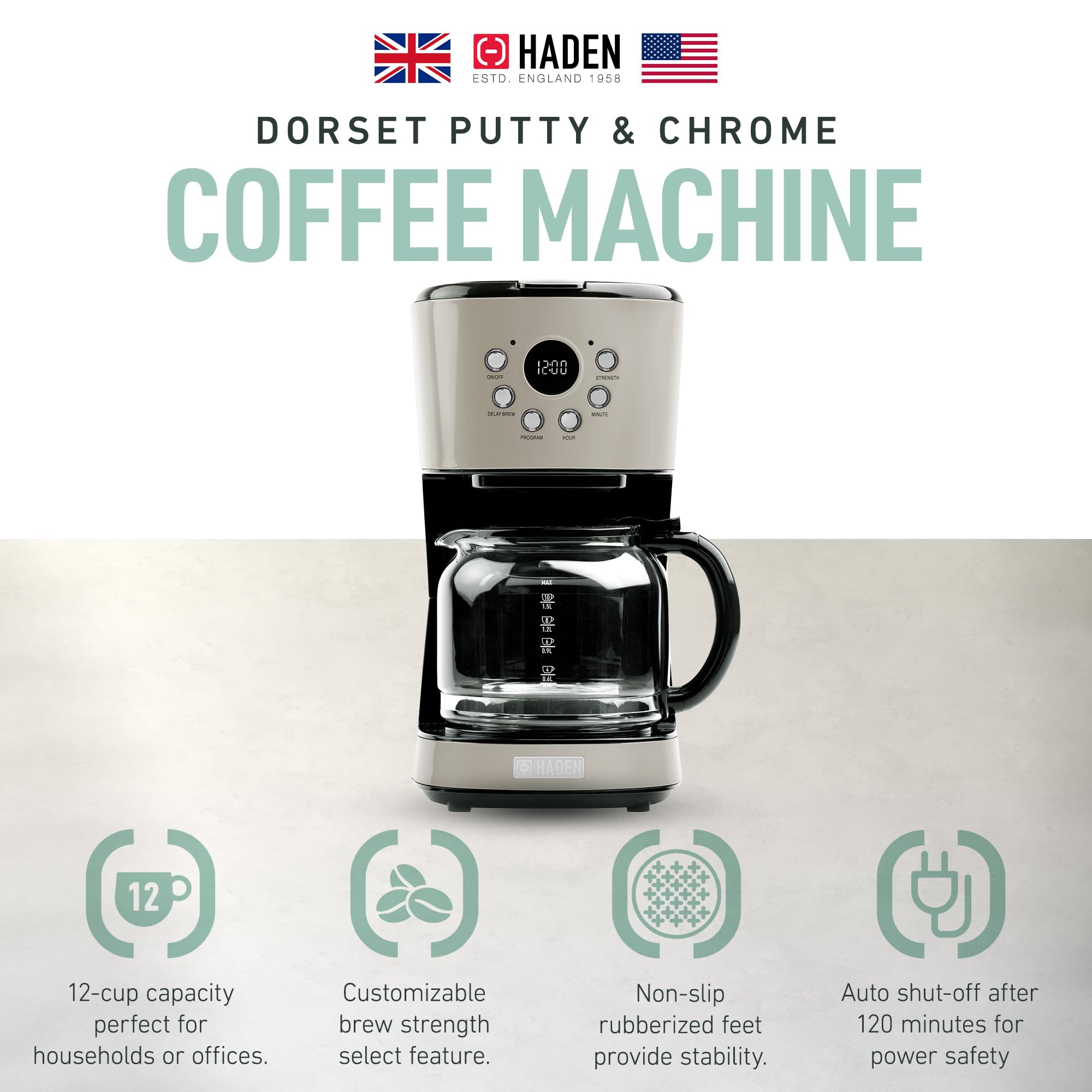 Haden Coffee Machine, 12 Cup Programmable Drip Coffee Maker With Auto Shut-Off Function And Reusable Washable Water Filter, Putt