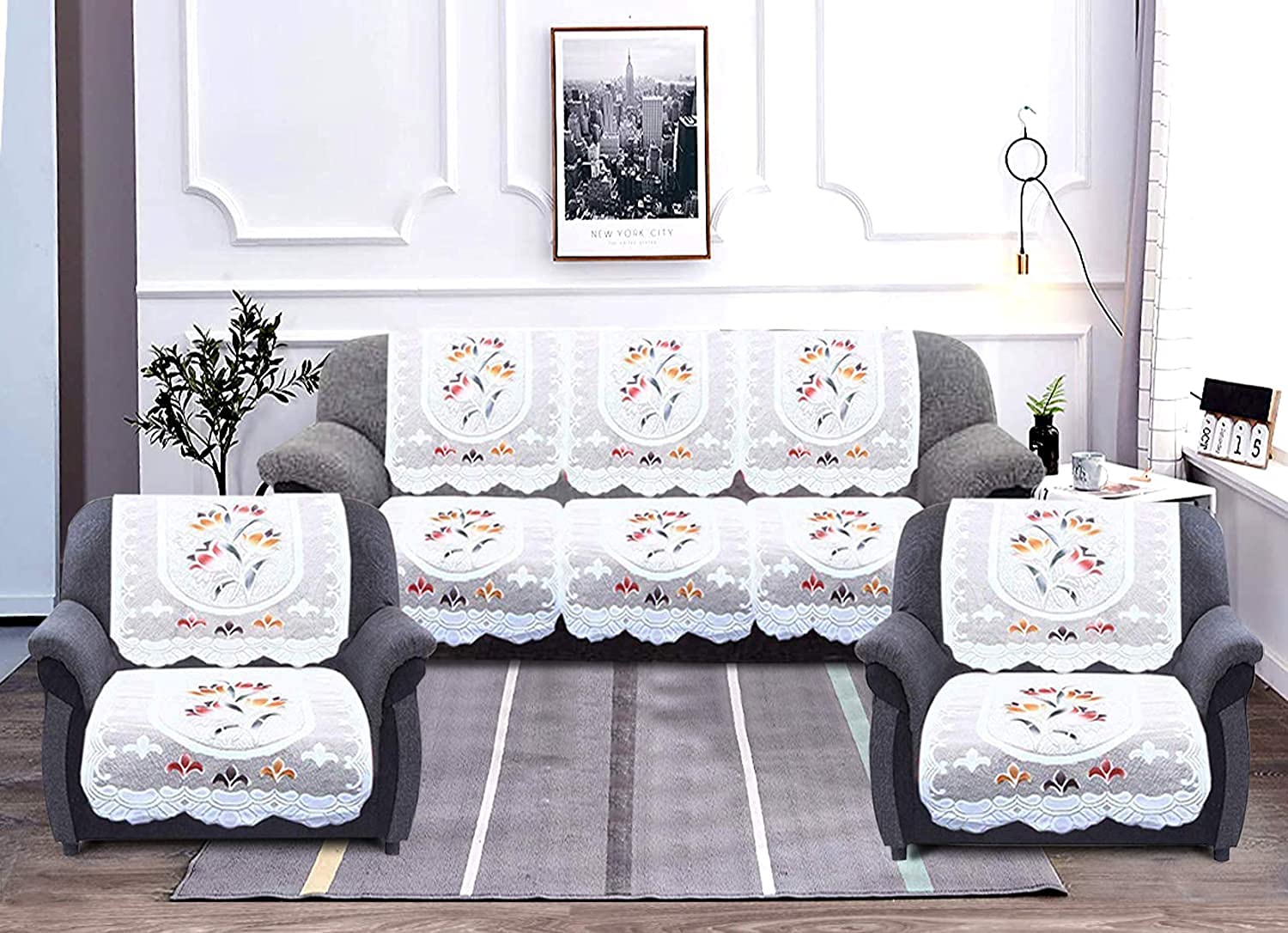 kk home store decor Cotton Net 500 TC Floral Design Heavy Fabric 5 Seater Sofa Cover Set (Multi, Standard) - Set of 10 Piece (Co
