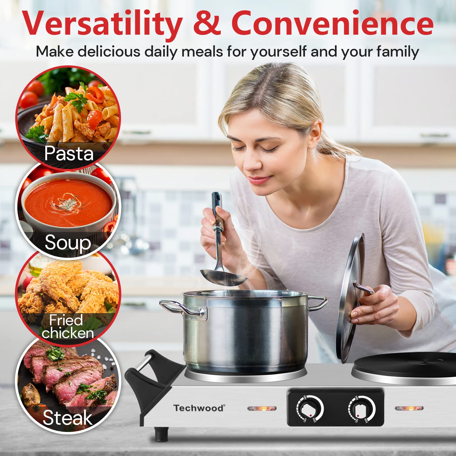 Hot Plate  Techwood Doubel Burner for Cooking  1800W Countertop Electric Stoves with Adjustable Temperature & Stay Cool Handles  Dual Cooktop for RV/Home/Camp  Upgraded Version Stainless Steel  Silver