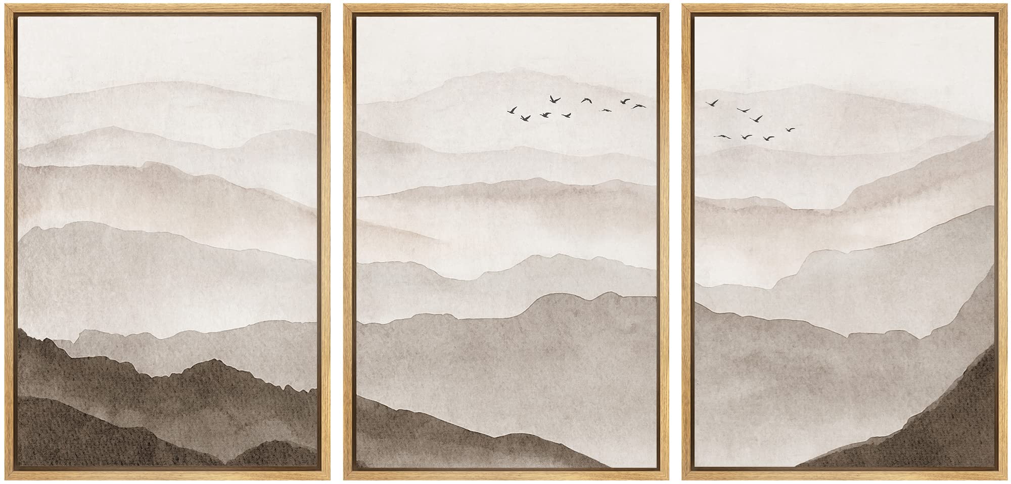 Signwin Framed Canvas Print Wall Art Set Brown Watercolor Fog Mountain Range Nature Wilderness Illustrations Modern Art Decorati