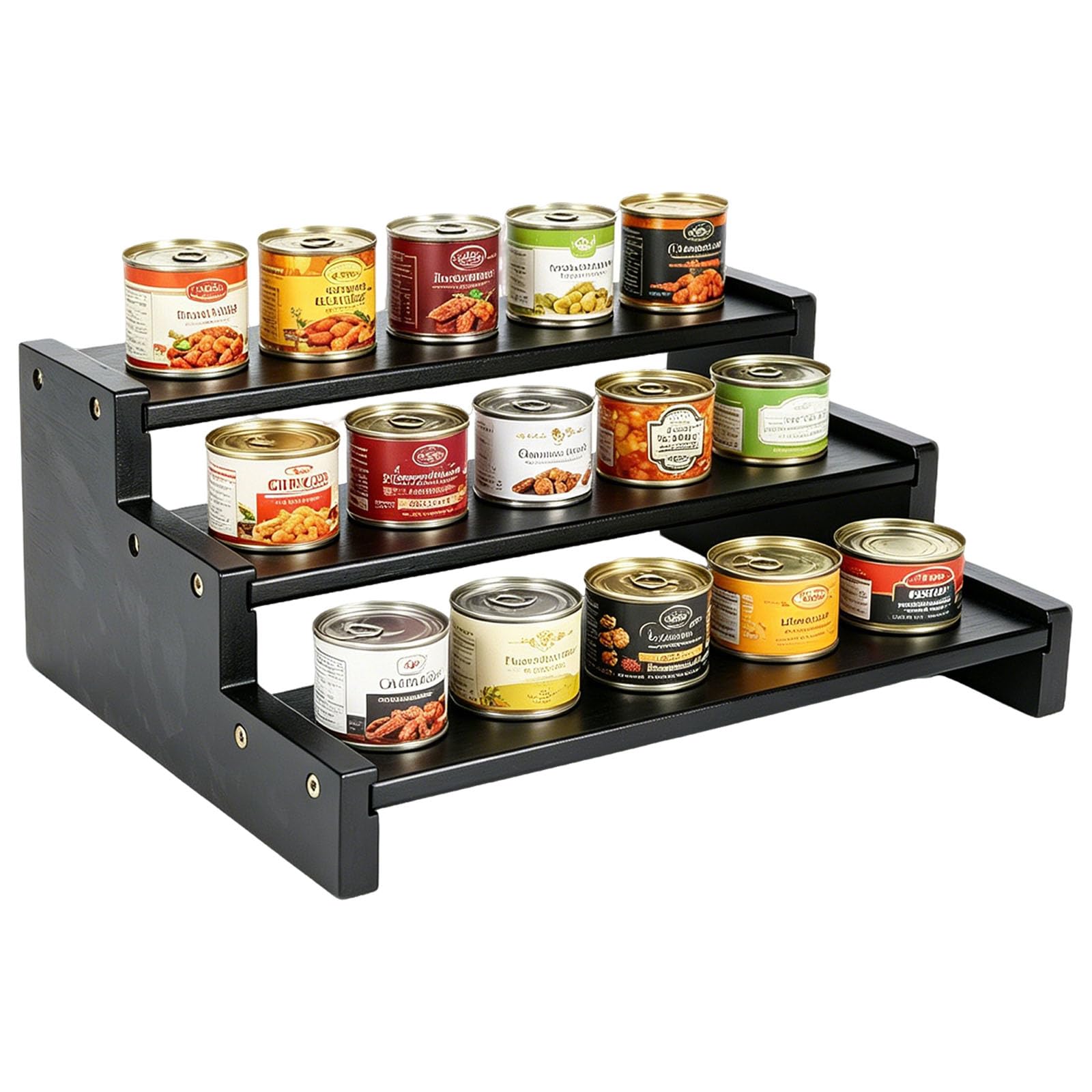 Yomjarl Black Bamboo Can Organizer for Pantry, 3Tier Countertop Storage Rack for Canned Food, Soda, Soup and Pet Food, Tiered C