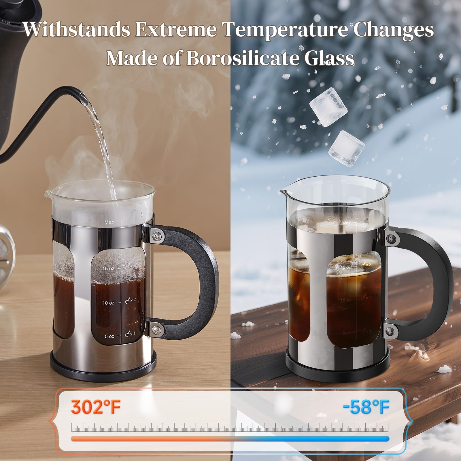 Veken French Press Coffee Maker 21oz 0.6 L, Heat Resistant Thickened Borosilicate Glass,Stainless Steel Brewer,Single Serve Smal
